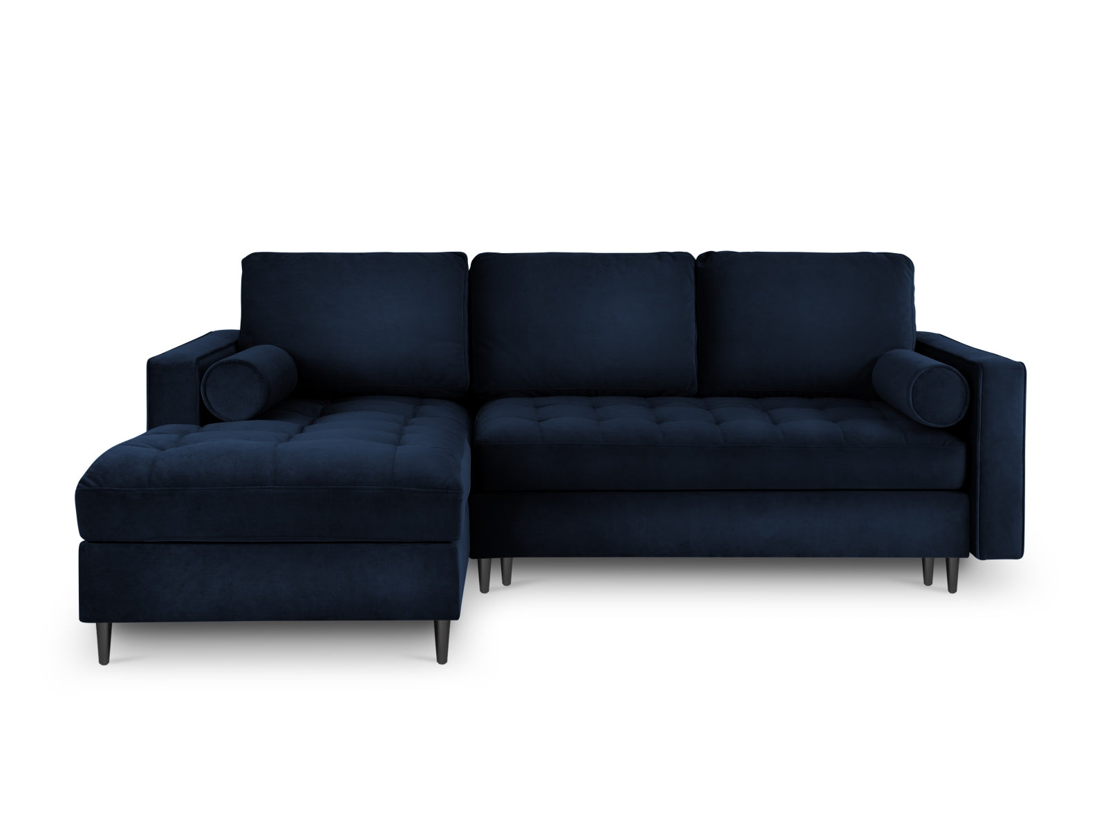Stylisches 5-Sitzer Ecksofa links Aspen in Royal Blue, ausgestattet mit Schlaffunktion und Stauraum, perfekt für gemütliche Wohnräume.