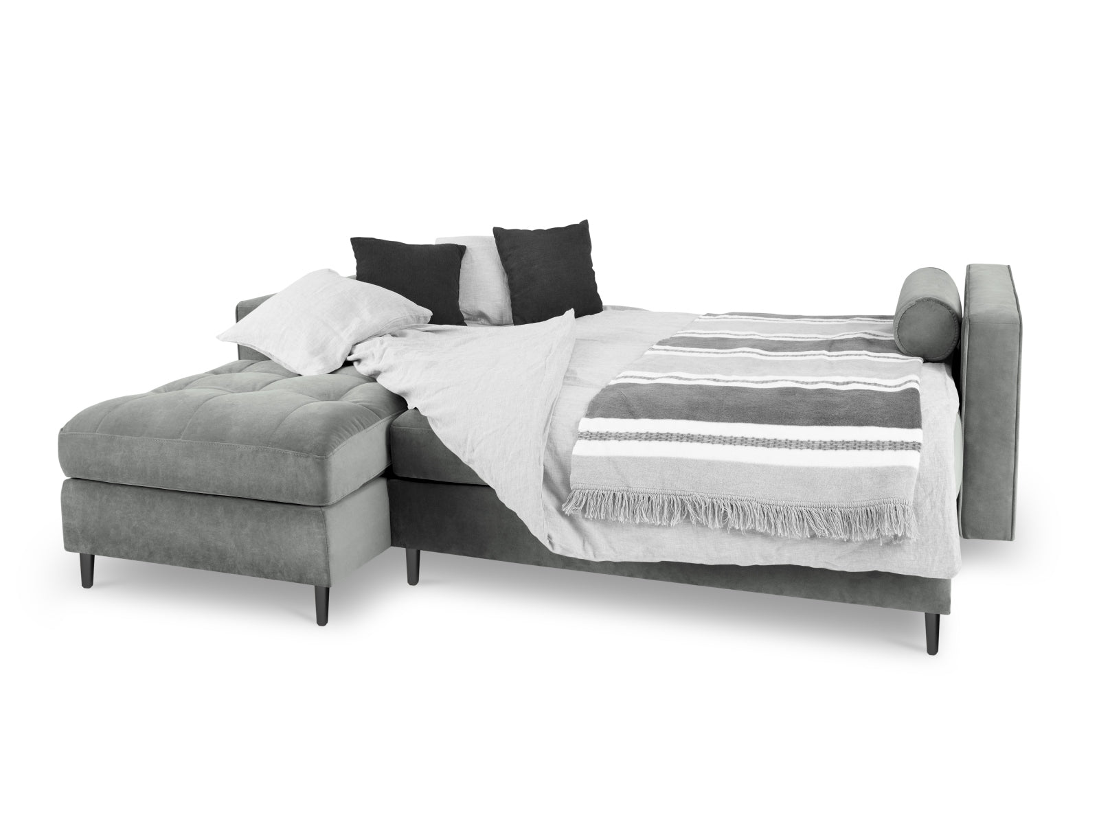 Elegantes 5-Sitzer Ecksofa links Aspen in Grau mit praktischer Schlaffunktion und Stauraum, ideal für modernes Wohnen.