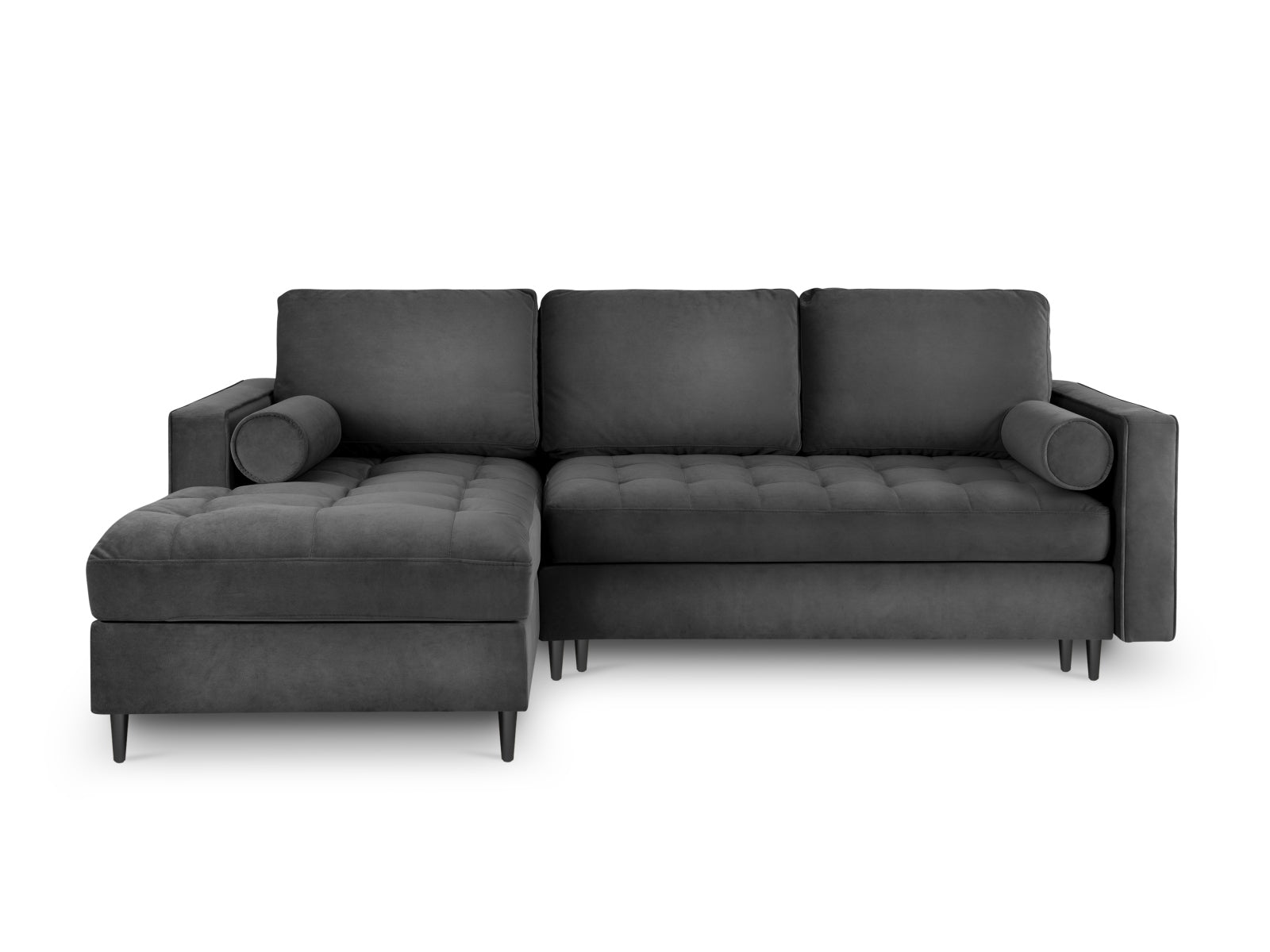 Elegantes 5-Sitzer Ecksofa links Aspen in edlem Dunkelgrau, ausgestattet mit Schlaffunktion und Stauraum für zusätzlichen Komfort.