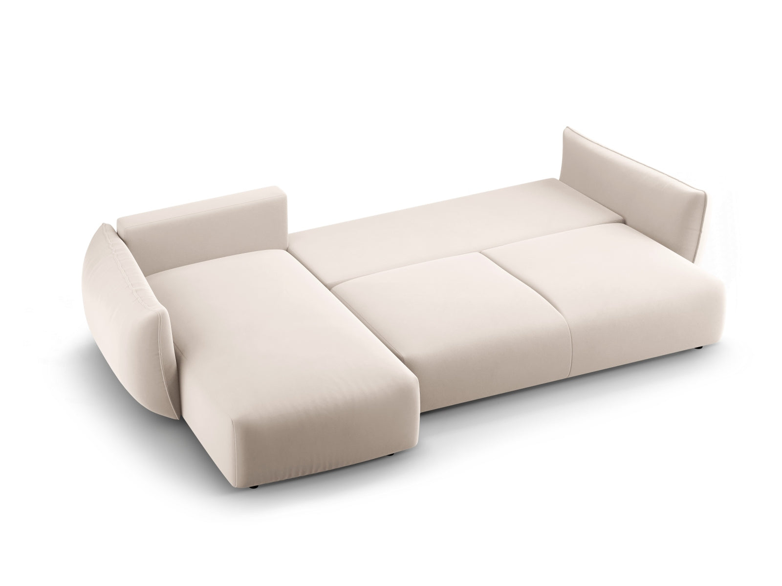 Beiges 4-Sitzer Ecksofa Matera mit linksseitiger Schlaffunktion und praktischem Stauraum, perfekt für stilvolle und einladende Räume.