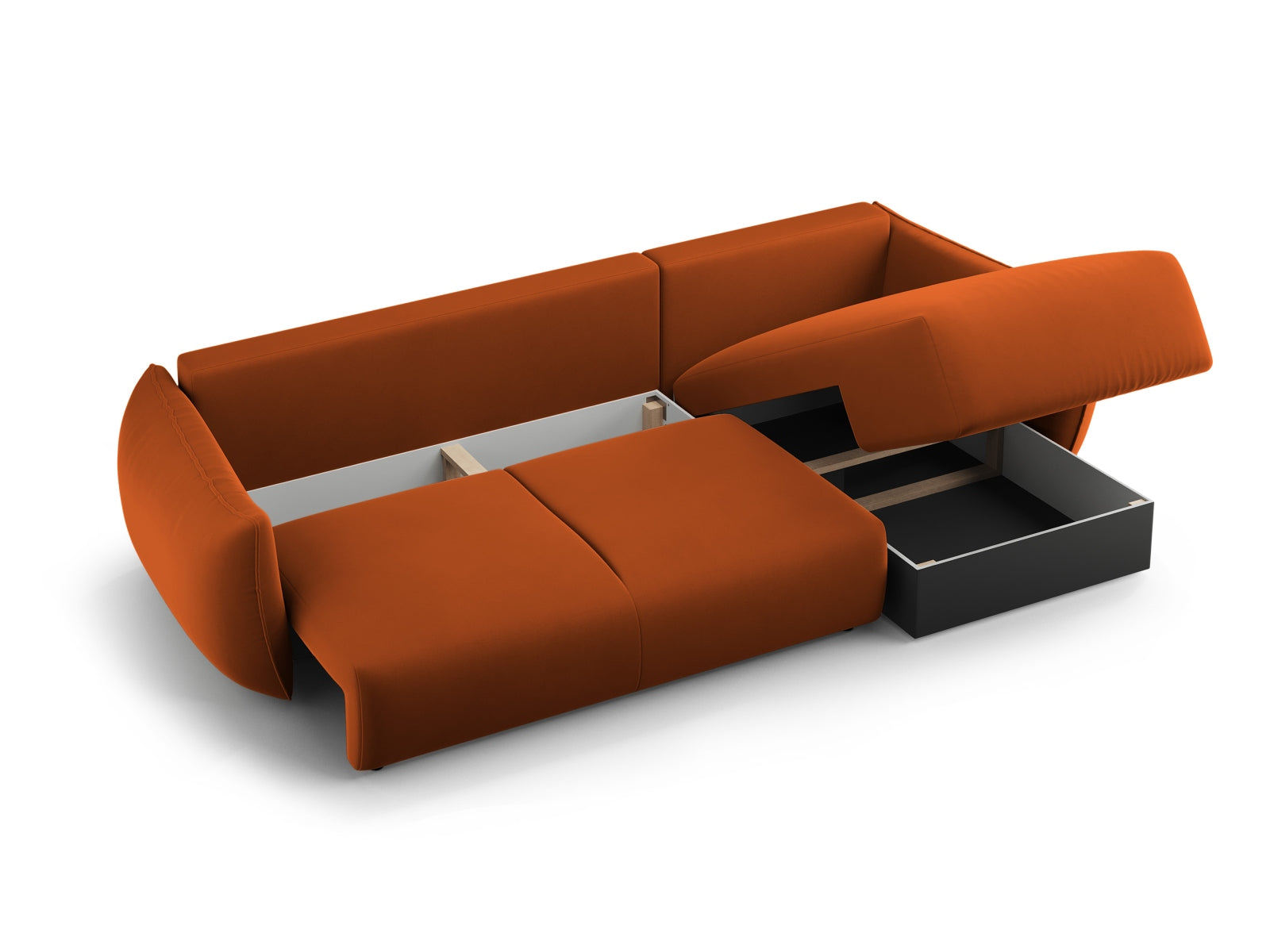 Stylisches 4-Sitzer Ecksofa links in sanftem Terracotta, ideal für gemütliche Abende und bietet praktischen Stauraum sowie eine Schlaffunktion.