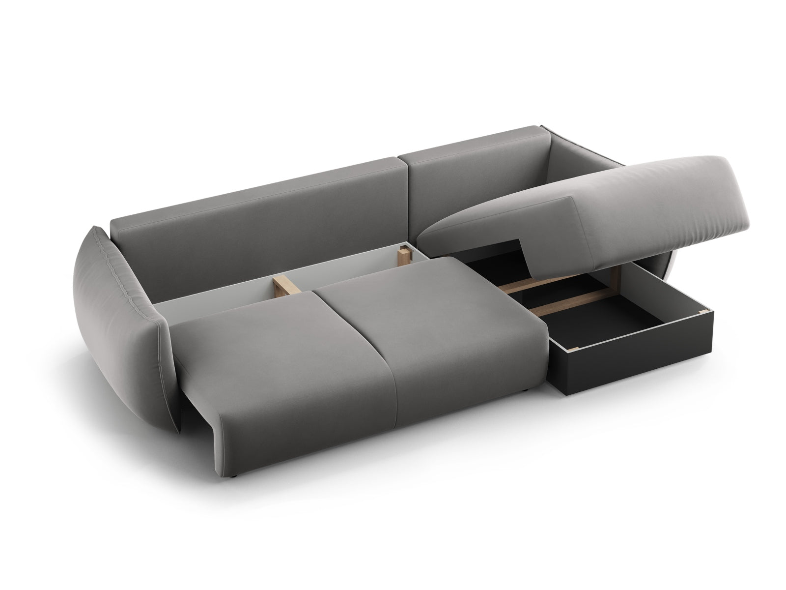 Modernes 4-Sitzer Ecksofa links Matera in stilvollem Grau, ideal für Gästeübernachtungen und zur Aufbewahrung von Decken und Kissen.