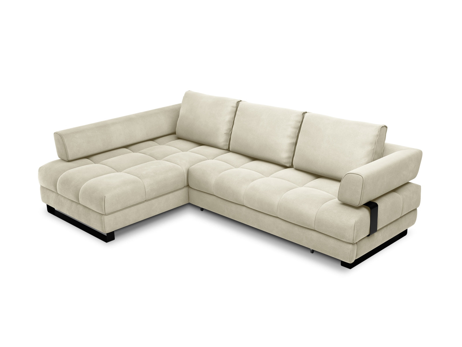 Clinton Velour links Ecksofa mit Schlaffunktion und Stauraum 5 Sitzer in Light Beige präsentiert im Onlineshop von KAQTU Design AG. Ecksofa links ist von Cosmopolitan Design