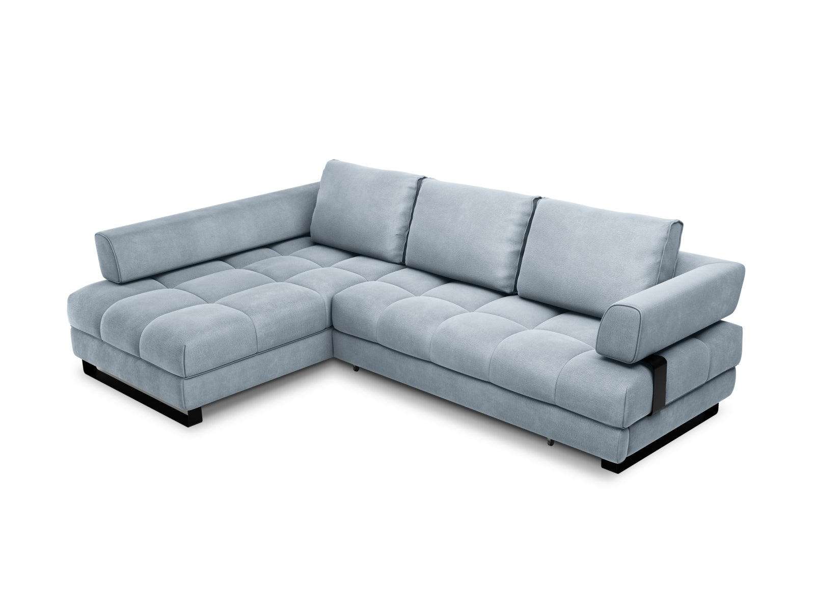 Clinton Velour links Ecksofa mit Schlaffunktion und Stauraum 5 Sitzer in Light Blue präsentiert im Onlineshop von KAQTU Design AG. Ecksofa links ist von Cosmopolitan Design