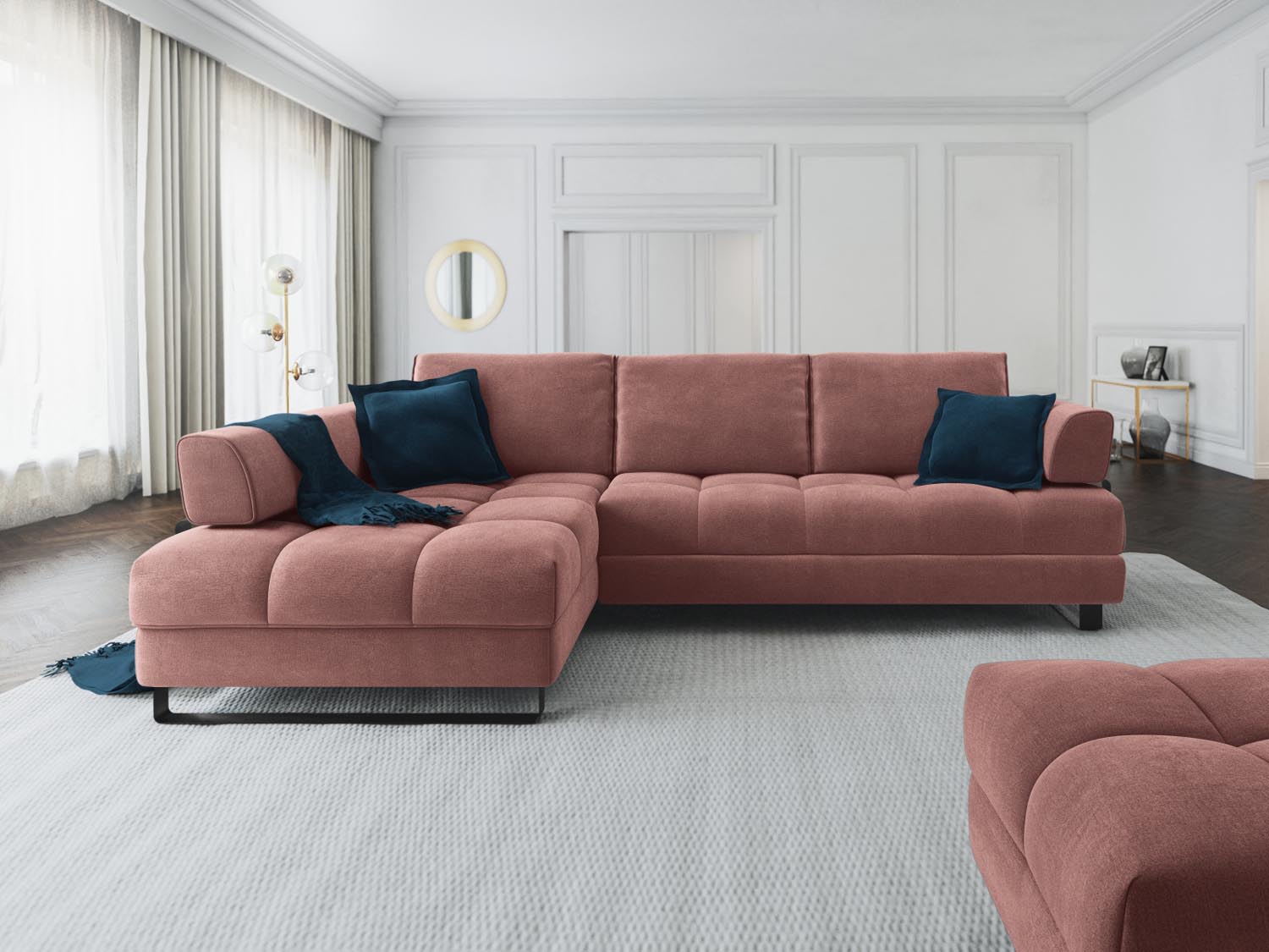 Entdecken Sie das Clinton Velour Ecksofa von Cosmopolitan Design: elegantes 5-Sitzer Sofa mit praktischer Schlaffunktion und grosszügigem Stauraum!