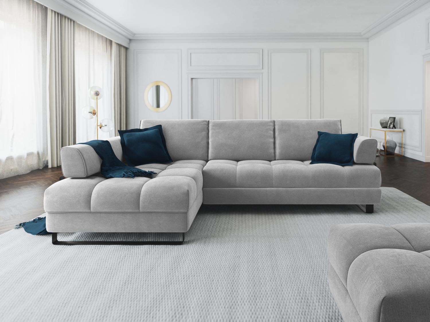 Erleben Sie das Clinton Velour Ecksofa von Cosmopolitan Design: stilvolles 5-Sitzer Sofa mit komfortabler Schlaffunktion und viel Stauraum!