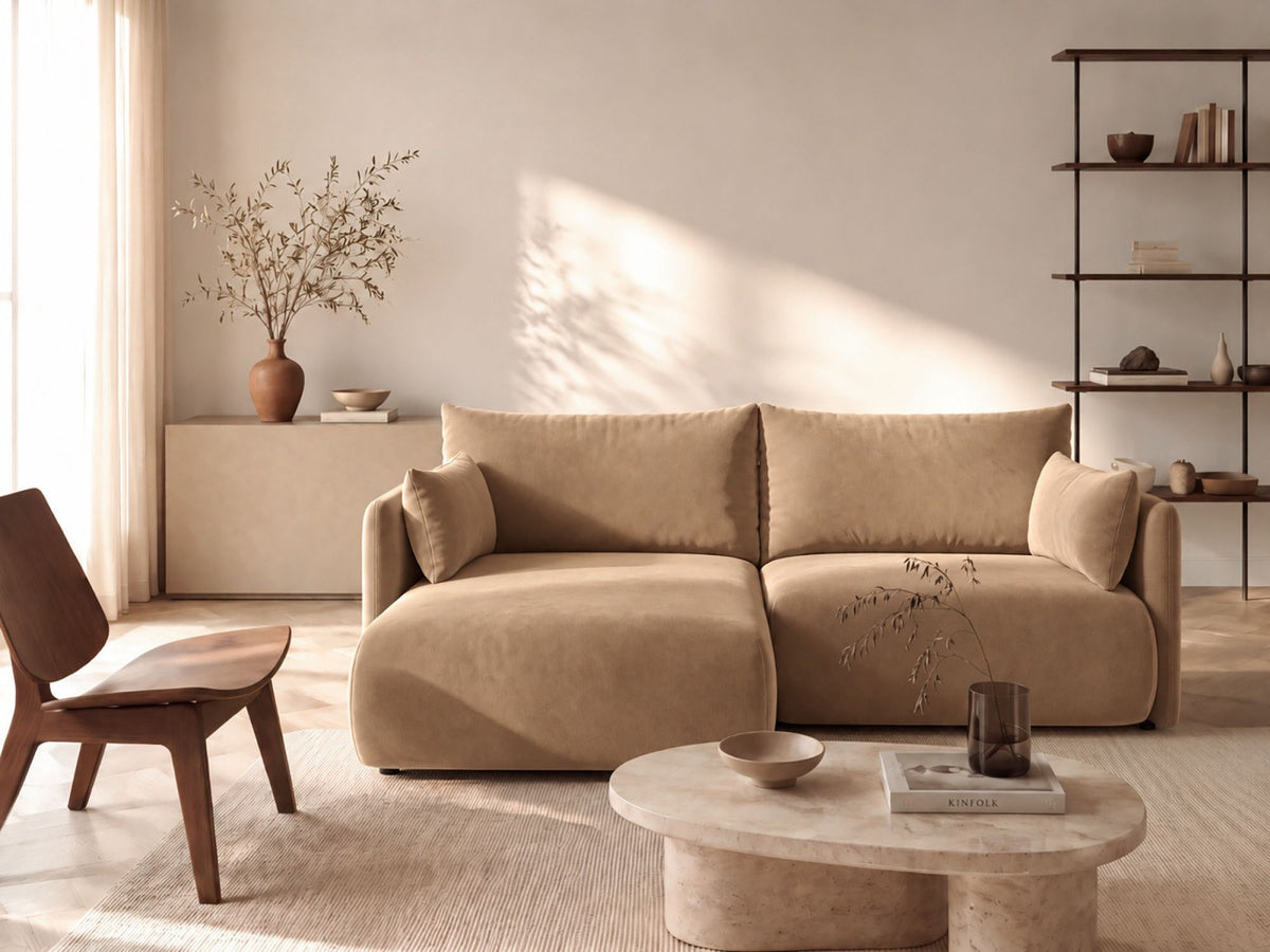 Monaco Ecksofa links mit Bettfunktion, Bluvel-Stoff, schwarze Beine, Récamière links