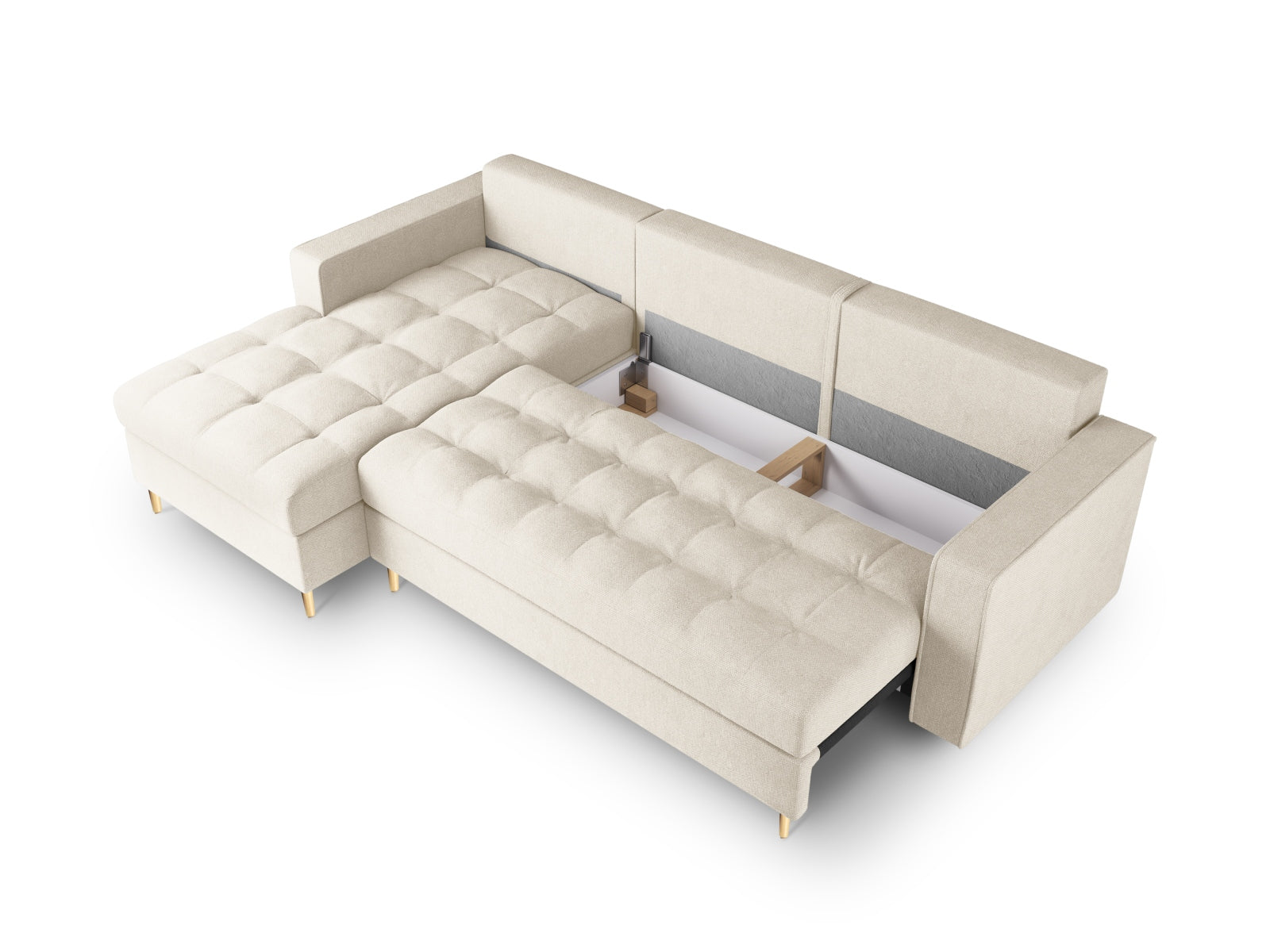 Modernes 5-Sitzer Ecksofa links Aspen in sanftem Beige, perfekt für stilvolle Wohnräume, bietet Schlaffunktion und cleveren Stauraum.