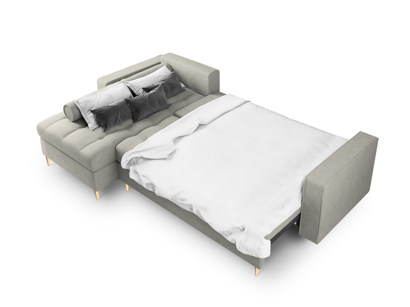 Modernes 5-Sitzer Ecksofa links Aspen in dezentem Grau, ideal für gemütliche Abende und bietet zusätzlichen Stauraum sowie eine praktische Schlaffunktion.