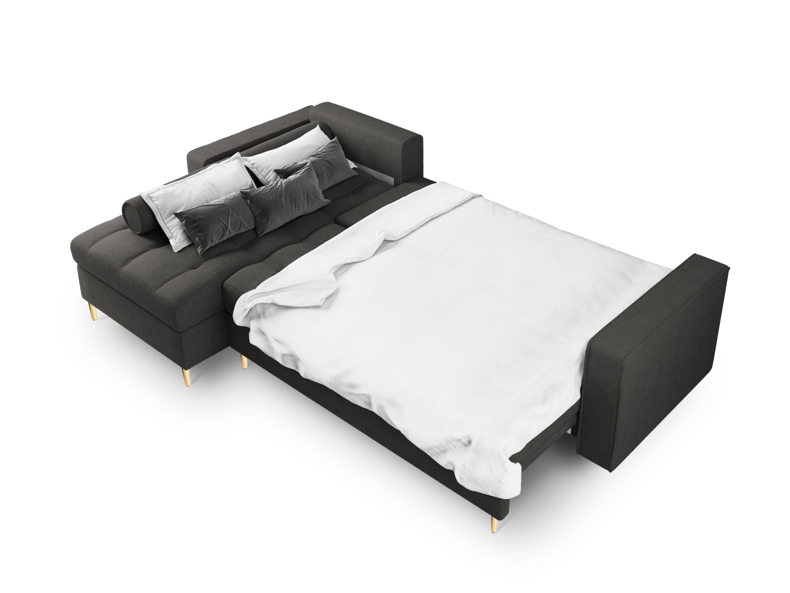 Modernes 5-Sitzer Ecksofa links Aspen in stilvollem Dunkelgrau, ideal für Wohnräume, bietet Schlaffunktion und praktischen Stauraum.