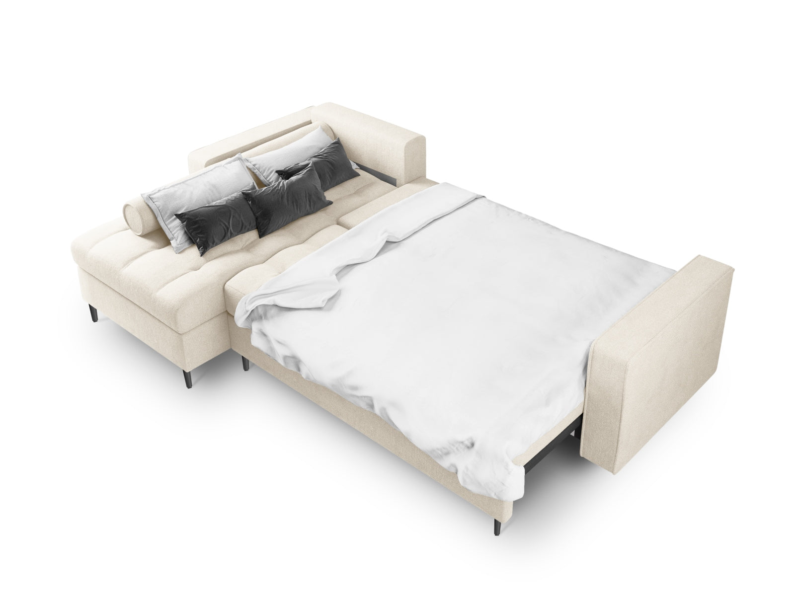 Elegantes 5-Sitzer Ecksofa links Aspen in neutralem Beige, ideal für gemütliche Räume, mit praktischer Schlaffunktion und integriertem Stauraum.