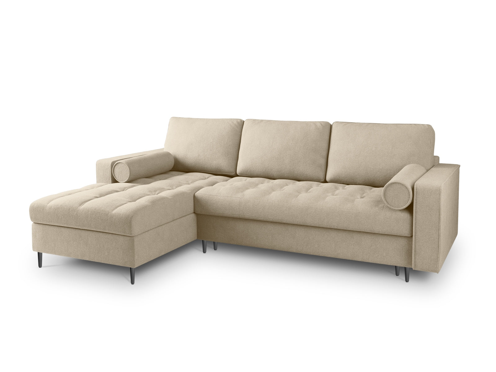 Stylisches 5-Sitzer Ecksofa Aspen in sanftem Beige, linksseitig, bietet Schlaffunktion und praktischen Stauraum für vielseitige Nutzung.