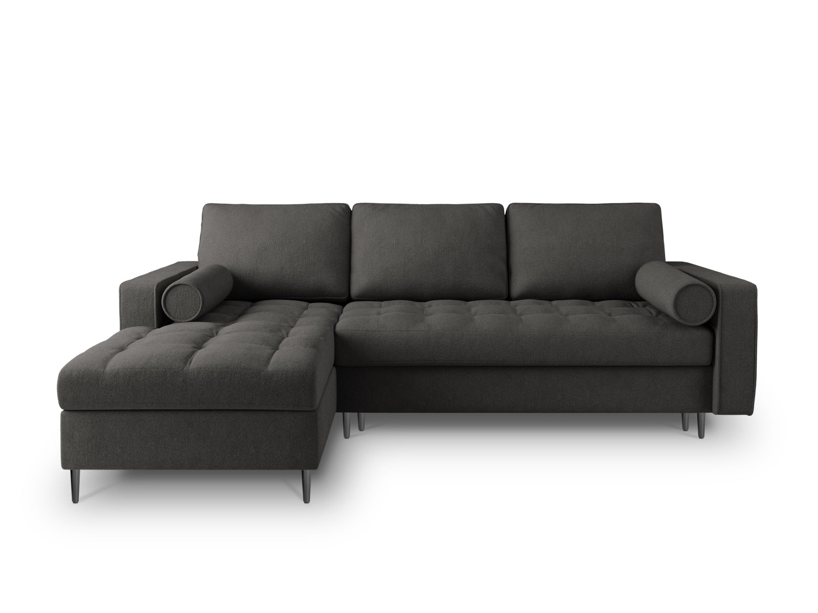 Modernes 5-Sitzer Ecksofa links Aspen in Dunkelgrau, bietet Schlaffunktion und Stauraum, perfekt für stilvolle Wohnräume und Gästeübernachtungen.