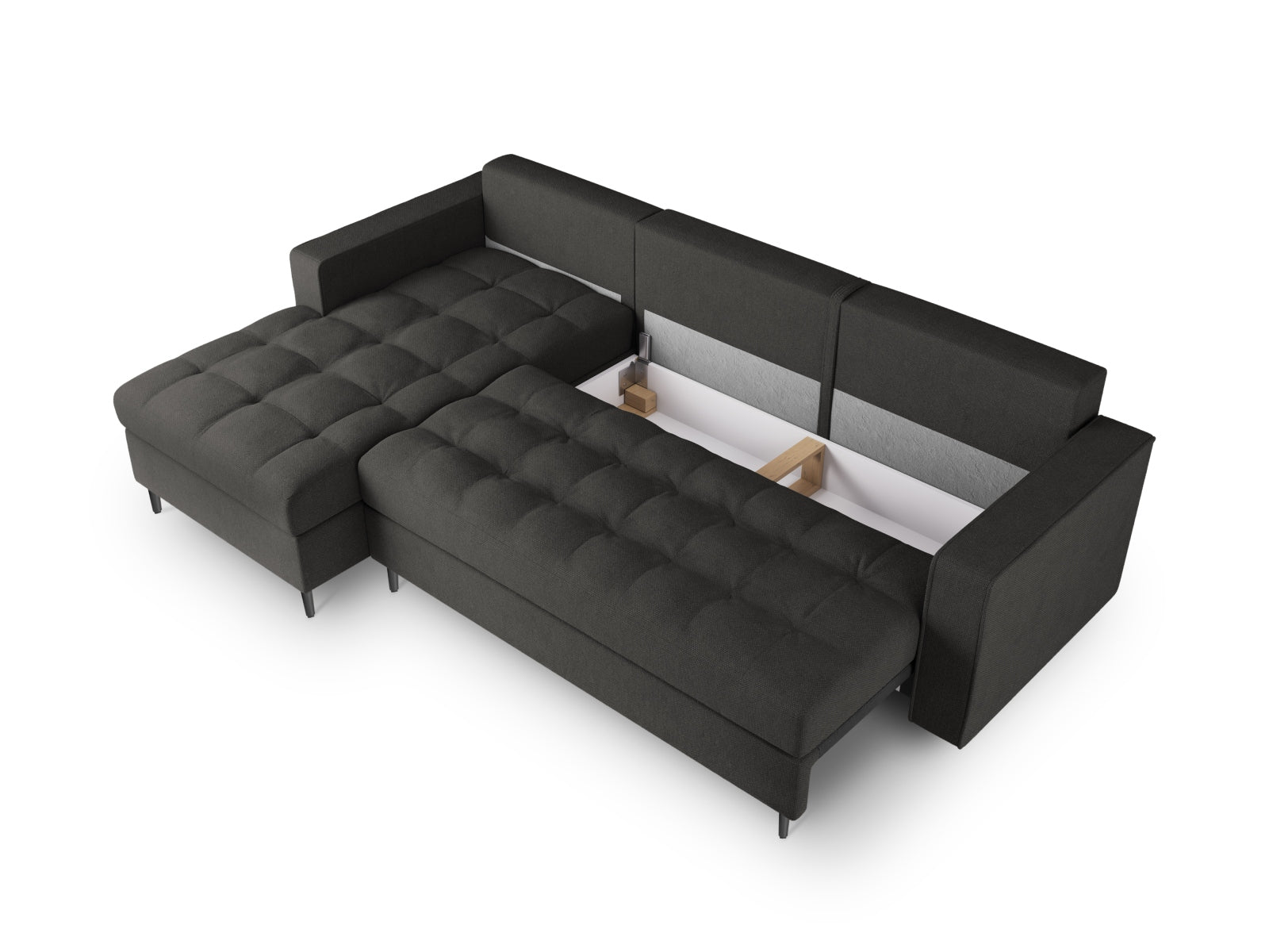 Elegantes 5-Sitzer Ecksofa links Aspen in Dunkelgrau, ideal für Wohnräume, bietet Schlaffunktion und praktischen Stauraum.