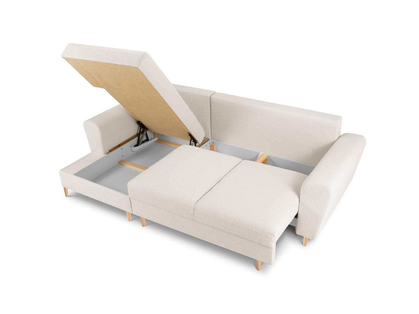 Entdecken Sie das elegante Kyoto Boucle Ecksofa links mit Schlaffunktion und Stauraum – ideal für stilvolle Wohnräume und entspannte Abende!