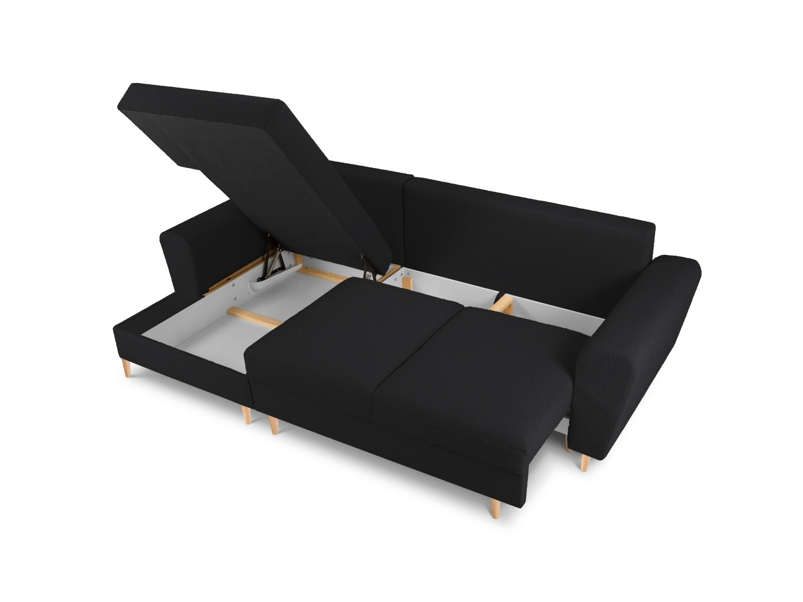 Entdecken Sie das elegante Kyoto Boucle Ecksofa links mit Schlaffunktion und Stauraum – ideal für stilvolle Wohnräume und entspannte Abende!