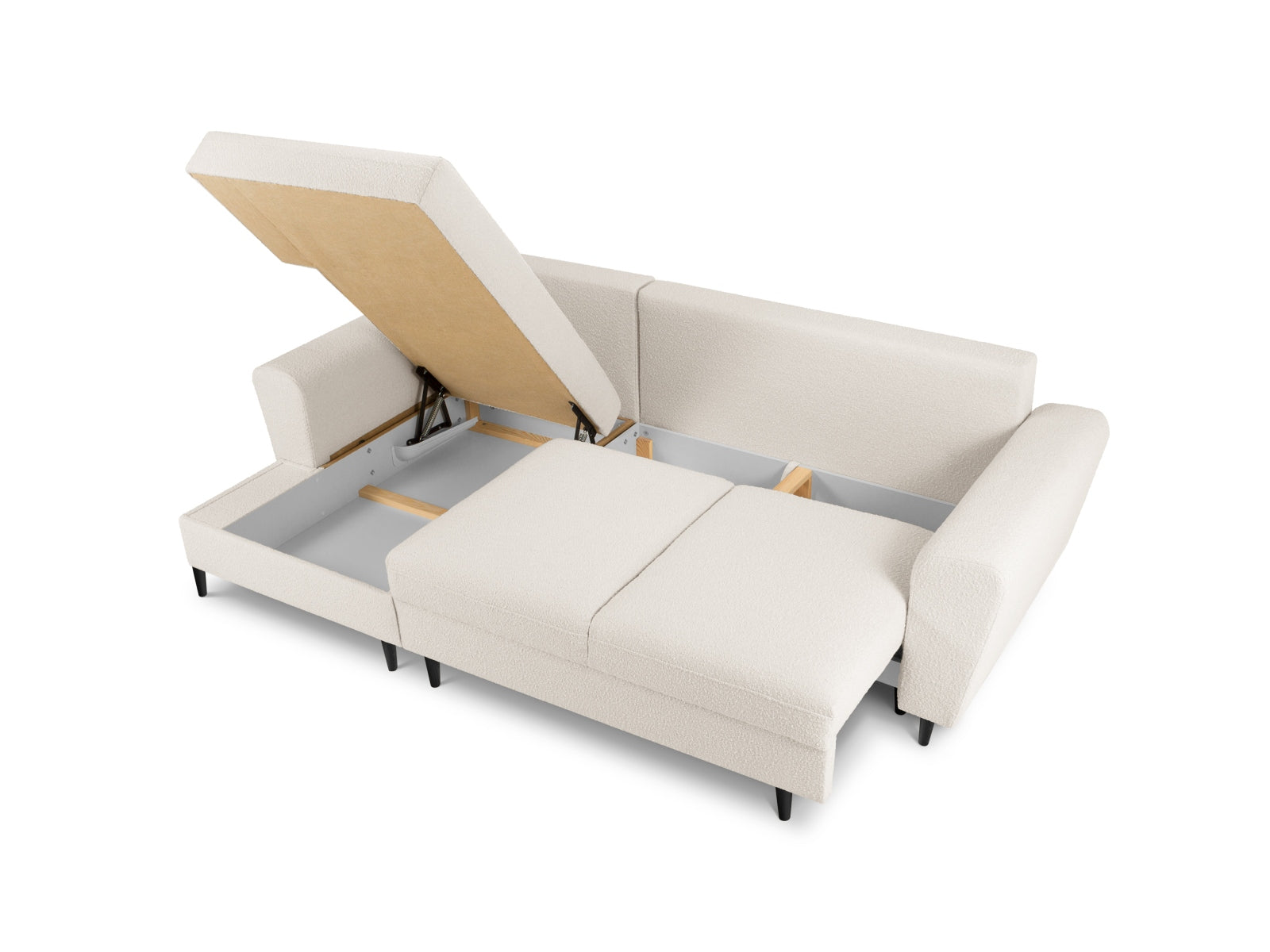 Entdecken Sie das elegante Kyoto Boucle Ecksofa links mit Schlaffunktion und Stauraum – ideal für stilvolle Wohnräume und entspannte Abende!