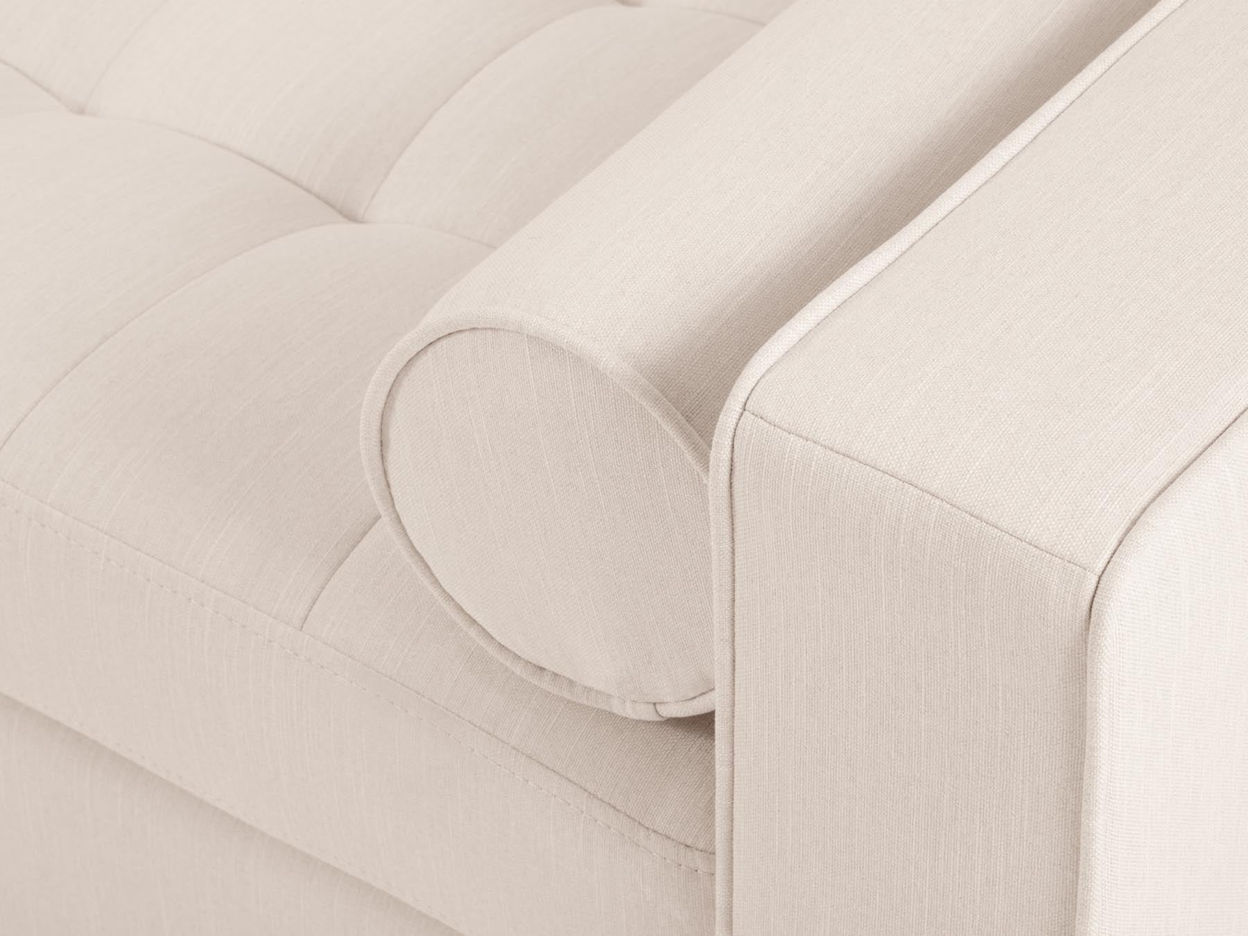 Elegantes 5-Sitzer Ecksofa links mit praktischer Bettfunktion und Stauraum, Modell Aspen in zeitlosem Beige, perfekt für jedes Wohnzimmer.