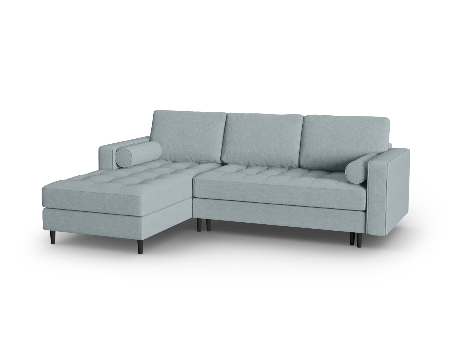 Modernes 5-Sitzer Ecksofa links Aspen in stilvollem Blue-Melva, perfekt für gemütliche Abende, bietet Schlaffunktion und cleveren Stauraum.