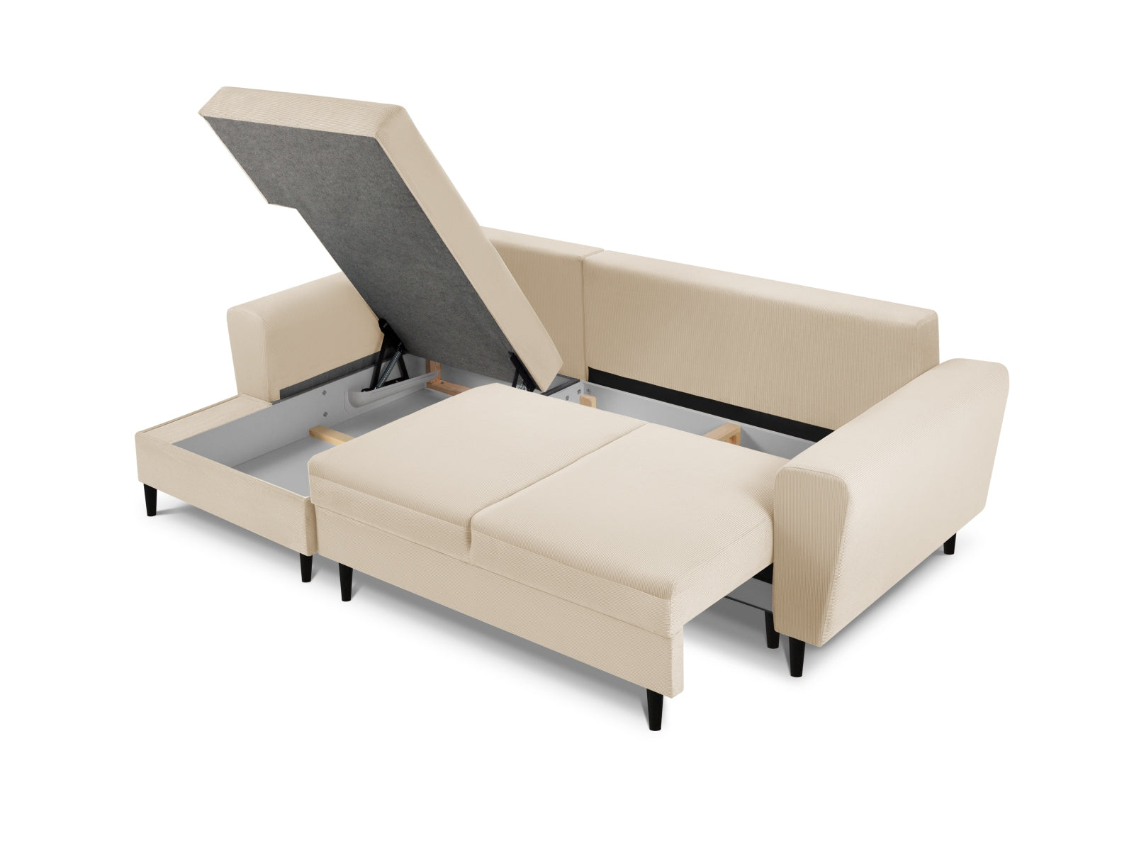 Beige Kyoto Ecksofa links mit Schlaffunktion und Stauraum, 4-Sitzer, perfekt für stilvolle und funktionale Wohnräume von Cosmopolitan Design.
