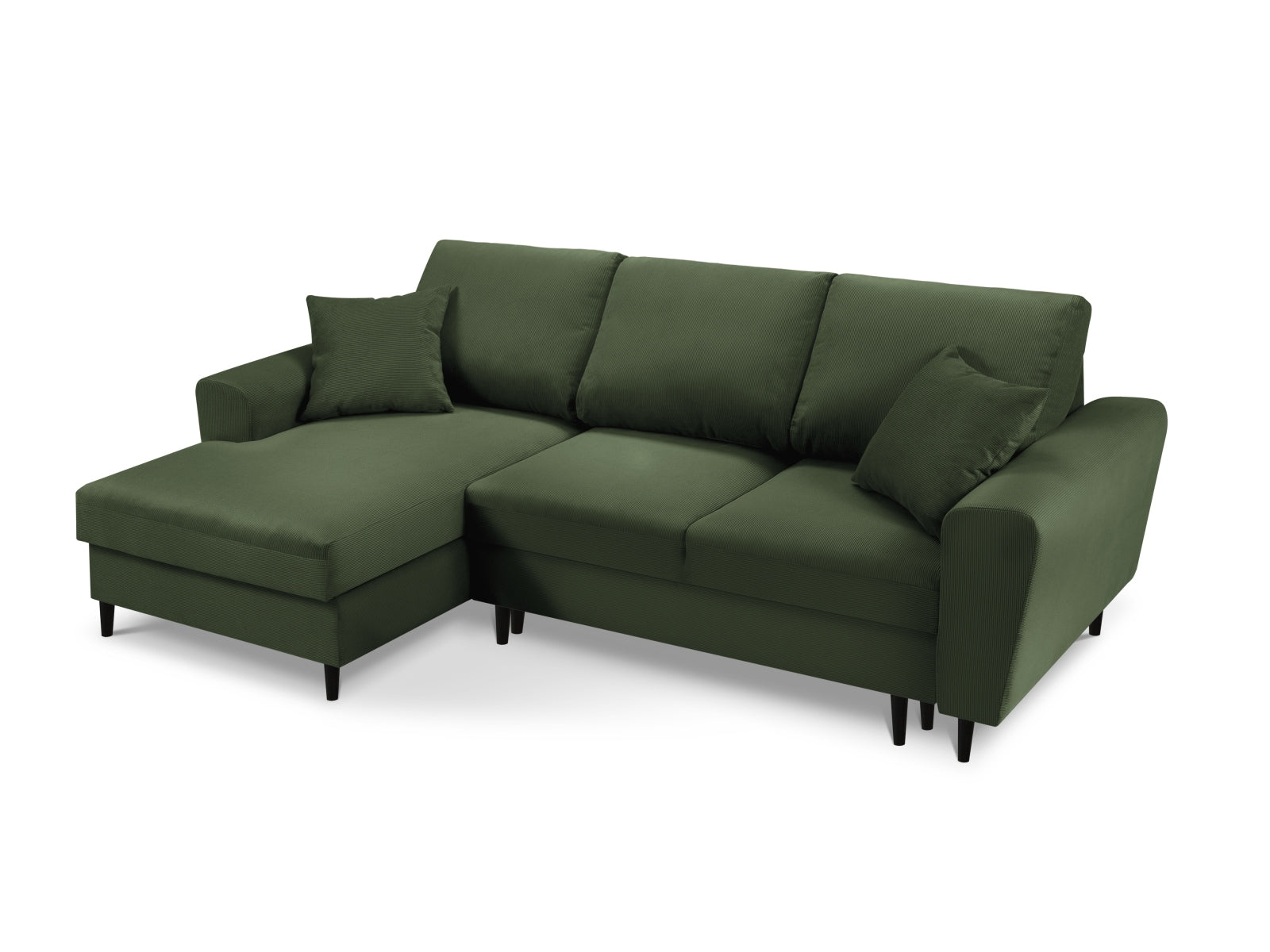 Elegantes Kyoto Ecksofa links in tiefem Grün, 4-Sitzer mit praktischer Schlaffunktion und Stauraum, perfekt für stilvolle Wohnzimmer.