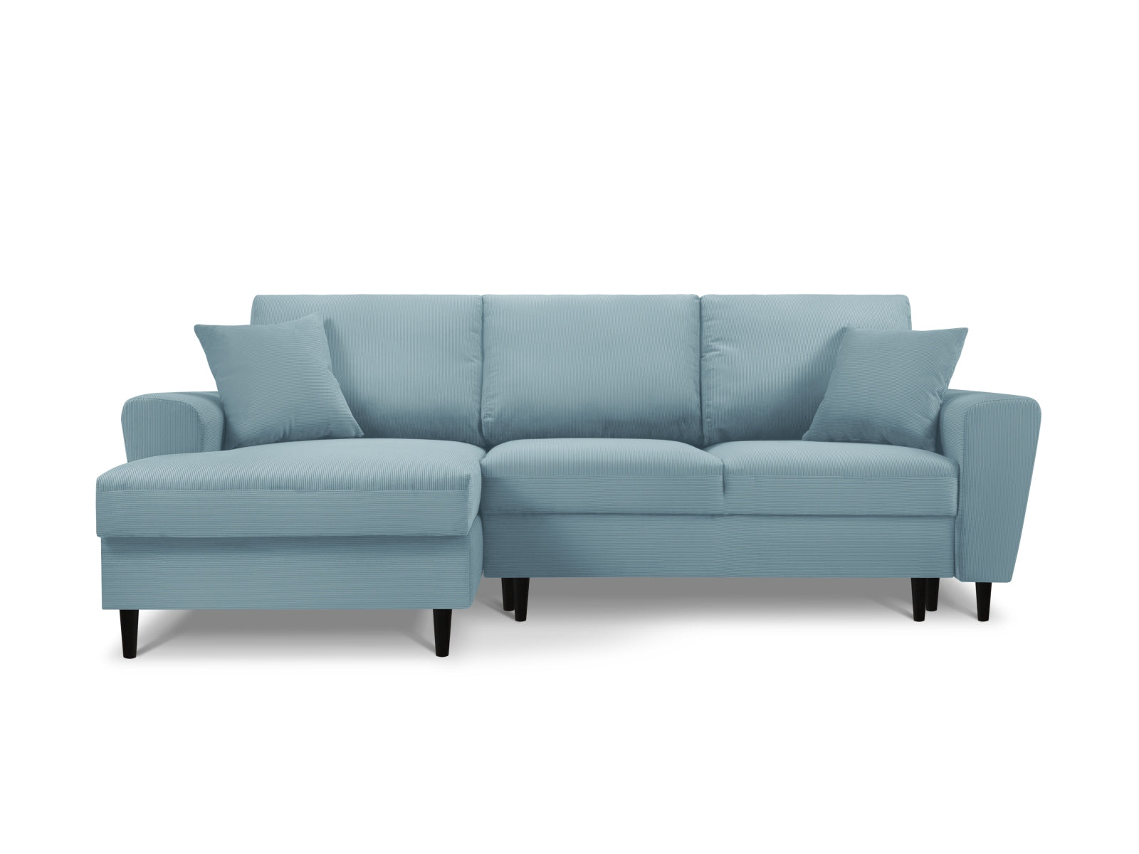 Stylisches Kyoto Ecksofa links in sanftem Light Blue-Fjord, ideal für Schlafkomfort und Stauraum, perfekt für moderne Wohnräume.