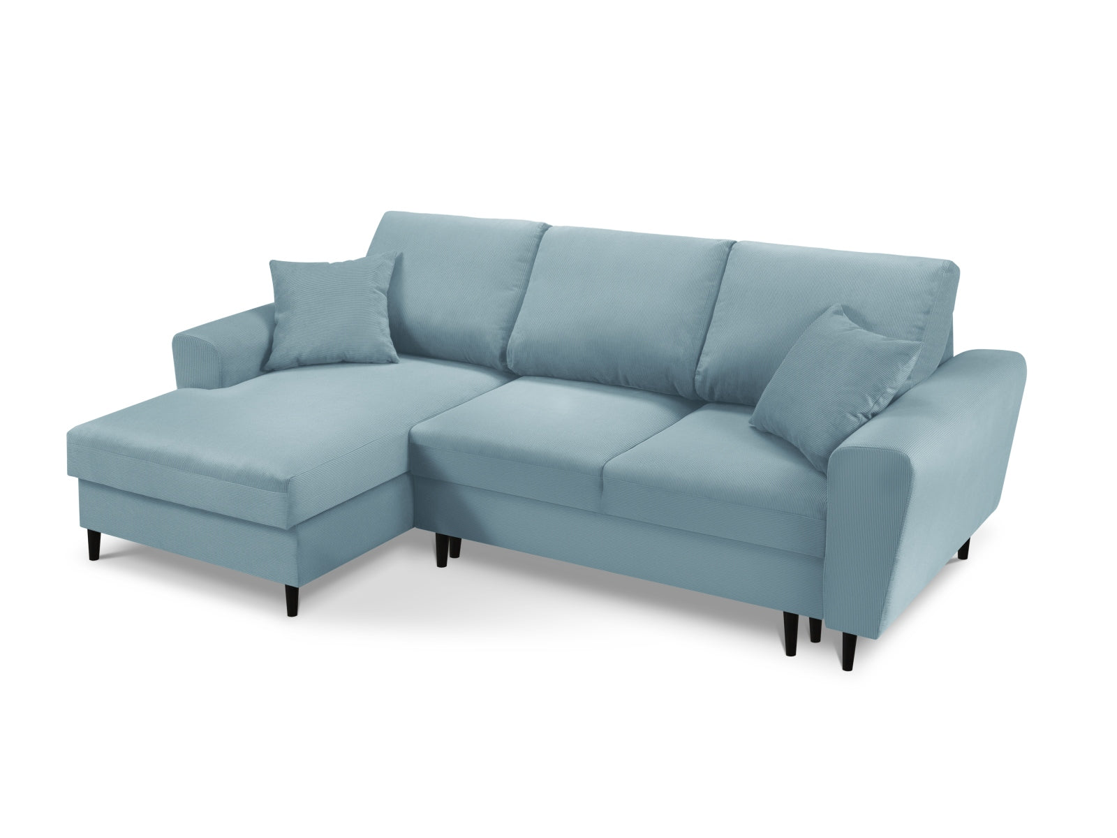 Elegantes Kyoto Ecksofa links in zartem Light Blue-Fjord, bietet Schlafgelegenheit und Stauraum, ideal für stilvolle Wohnzimmer.