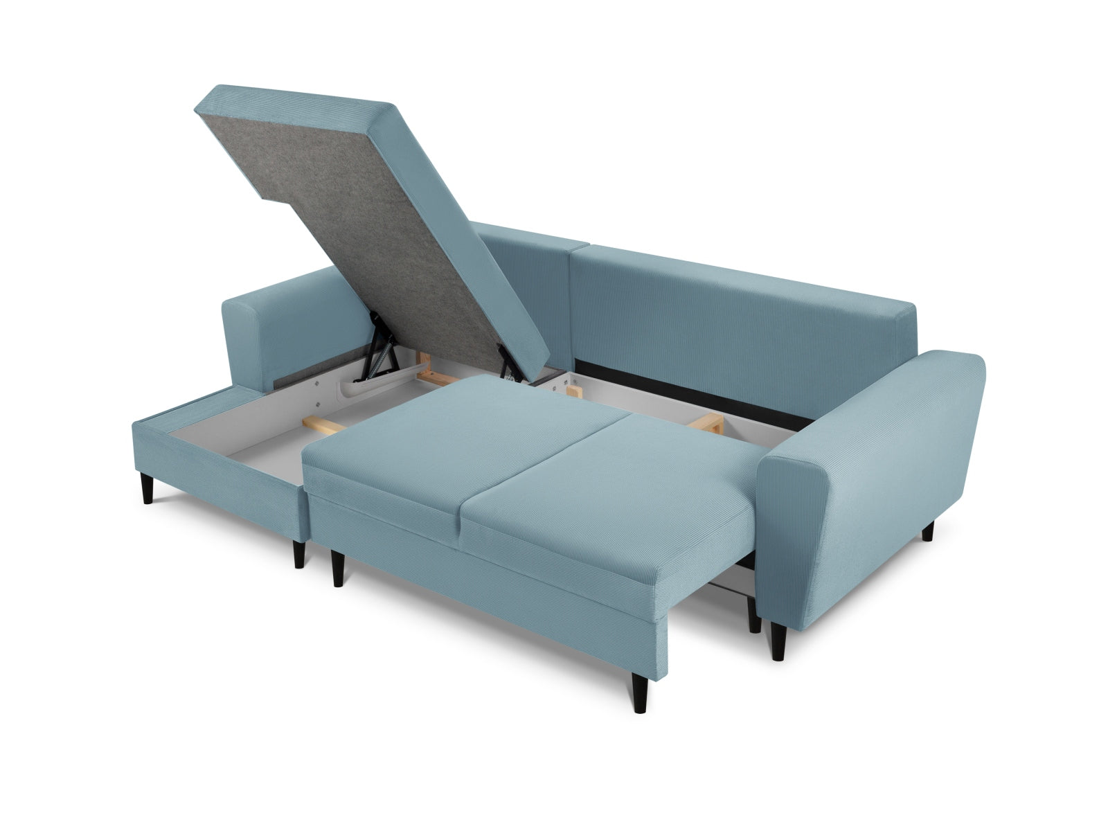 Elegantes Kyoto Ecksofa links in sanftem Light Blue-Fjord, 4-Sitzer mit praktischer Schlaffunktion und Stauraum für optimale Raumnutzung.