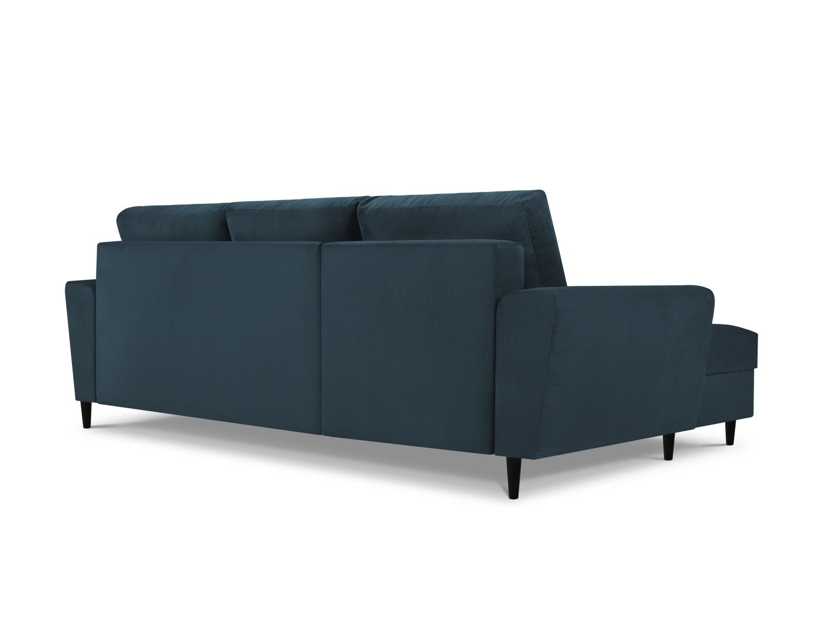 Modernes Kyoto Ecksofa links in edlem Blau, 4-Sitzer mit Schlaffunktion und Stauraum, ideal für gemütliche und funktionale Wohnräume.