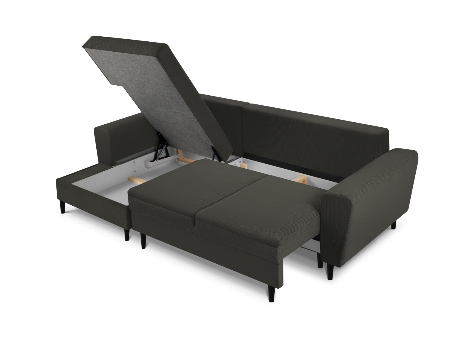 Elegantes Kyoto Ecksofa links mit Schlafoption und Stauraum, 4-Sitzer in klassischem Schwarz, ideal für Wohnräume und Übernachtungsgäste.