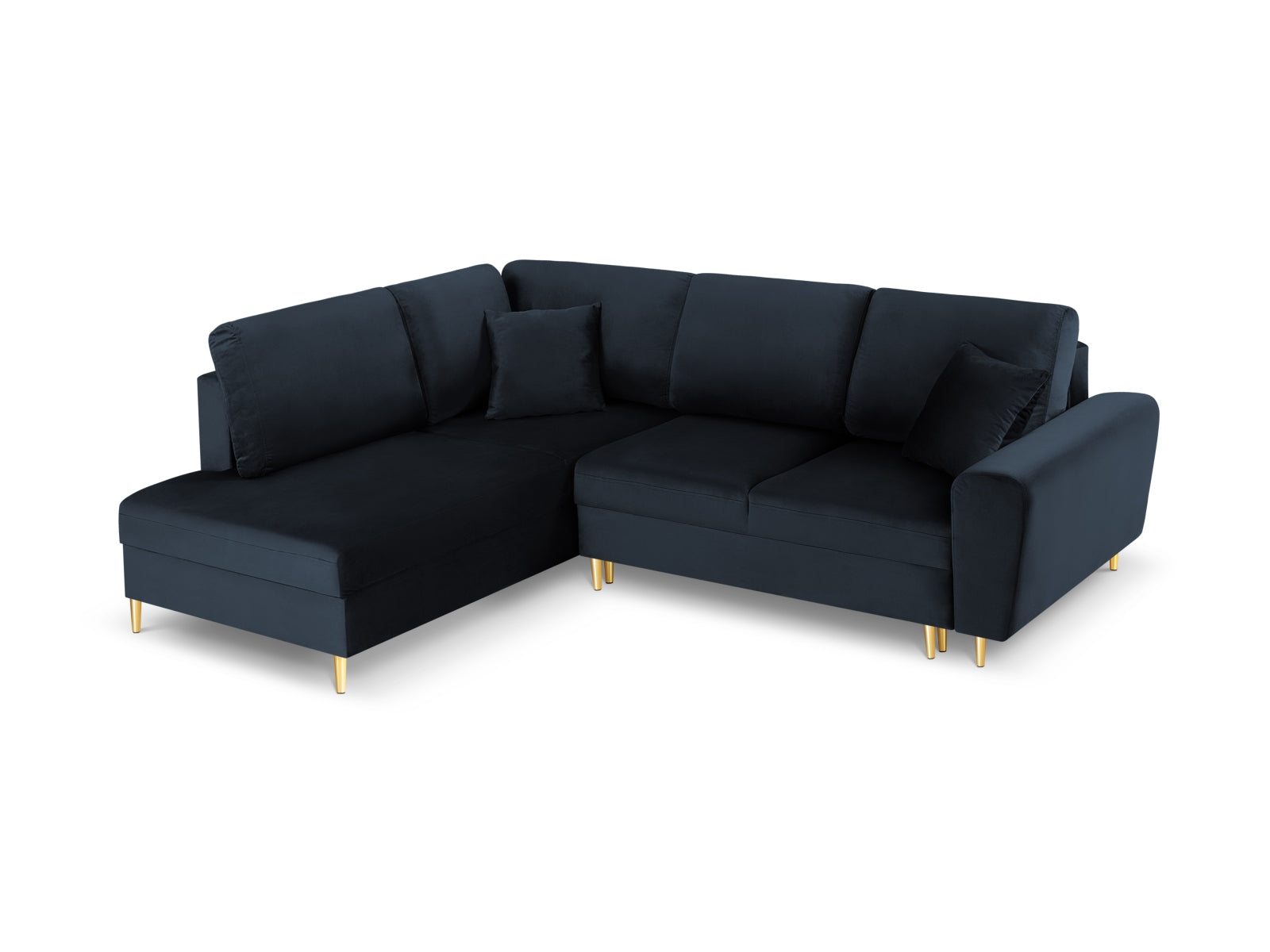 Kyoto Velour Ecksofa links mit Schlaffunktion und Stauraumbox 5 Sitzer 194cm in Dark Blue/Gold-Riviera präsentiert im Onlineshop von KAQTU Design AG. Bettsofa links ist von Cosmopolitan Design