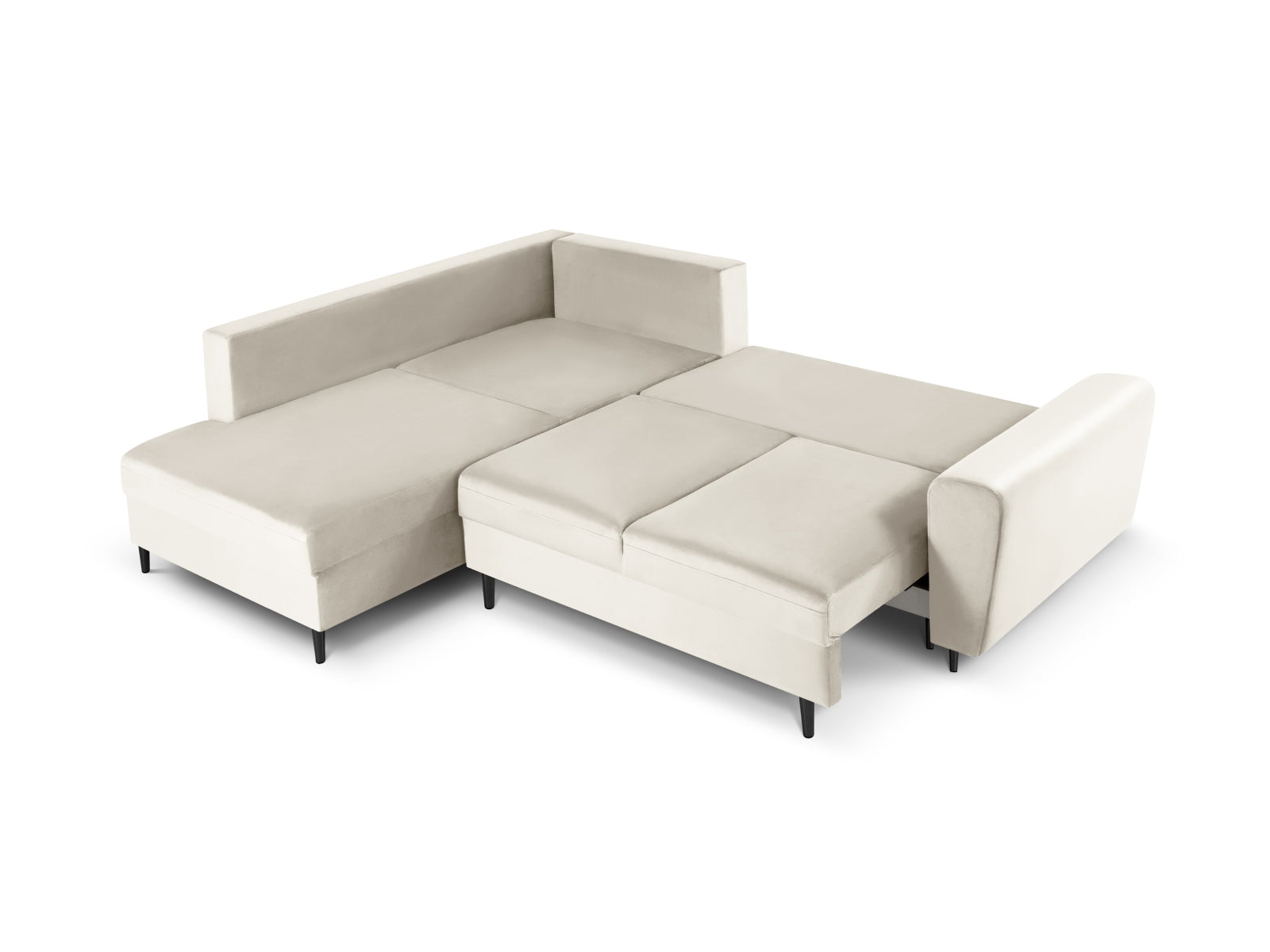 Stylisches Kyoto Velour Ecksofa links in sanftem Beige, ideal für Wohnräume, mit Schlaffunktion und Stauraum für optimale Nutzung.