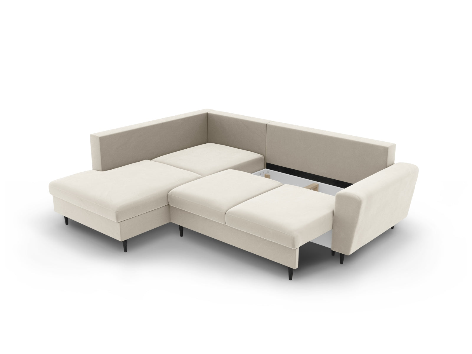 Erleben Sie das Kyoto Velour Ecksofa links: elegantes 5-Sitzer Sofa mit Schlaffunktion und Stauraum, ideal für modernes Wohnen!