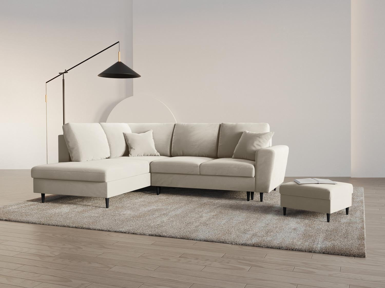 Stylisches Kyoto Velour Ecksofa in Light Beige mit Schlaffunktion und Stauraum, ideal für moderne Wohnräume und gemütliche Nächte.