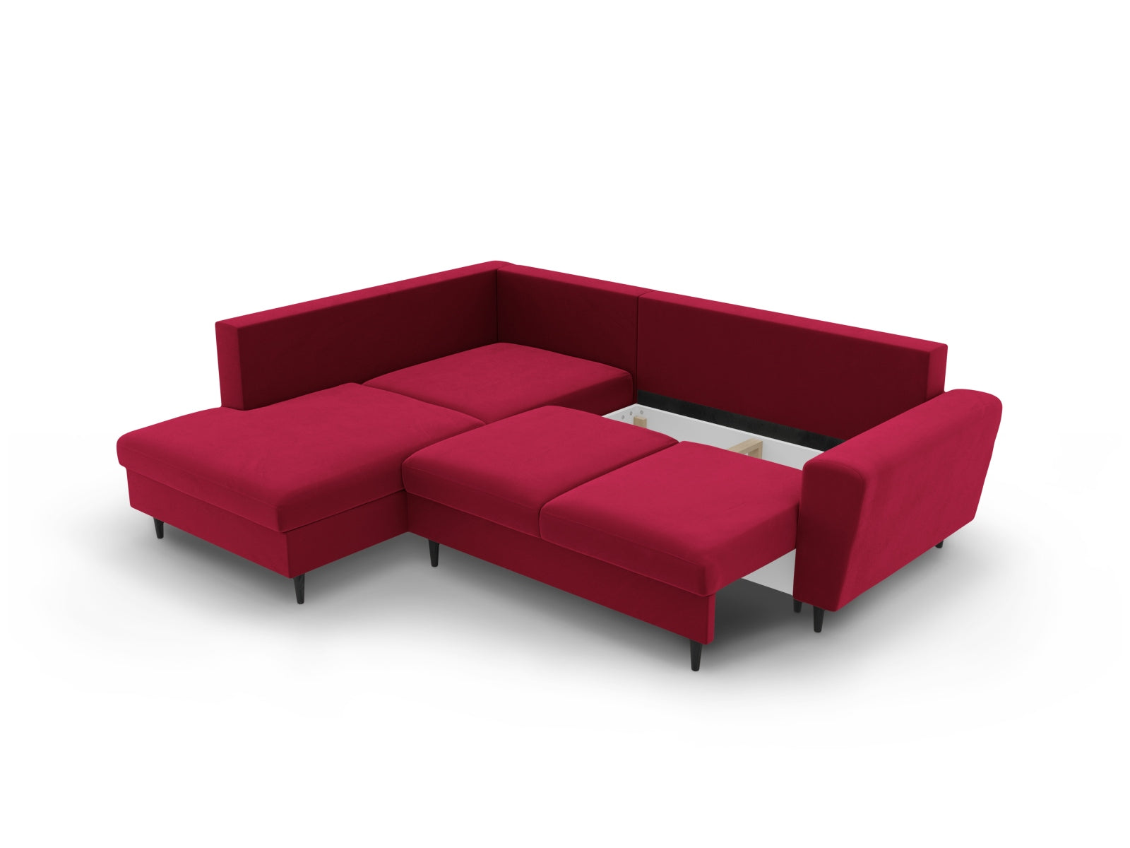 Stylisches Kyoto Velour Ecksofa links in Rot und Schwarz, ideal für Wohnräume, mit Schlaffunktion und integriertem Stauraum.