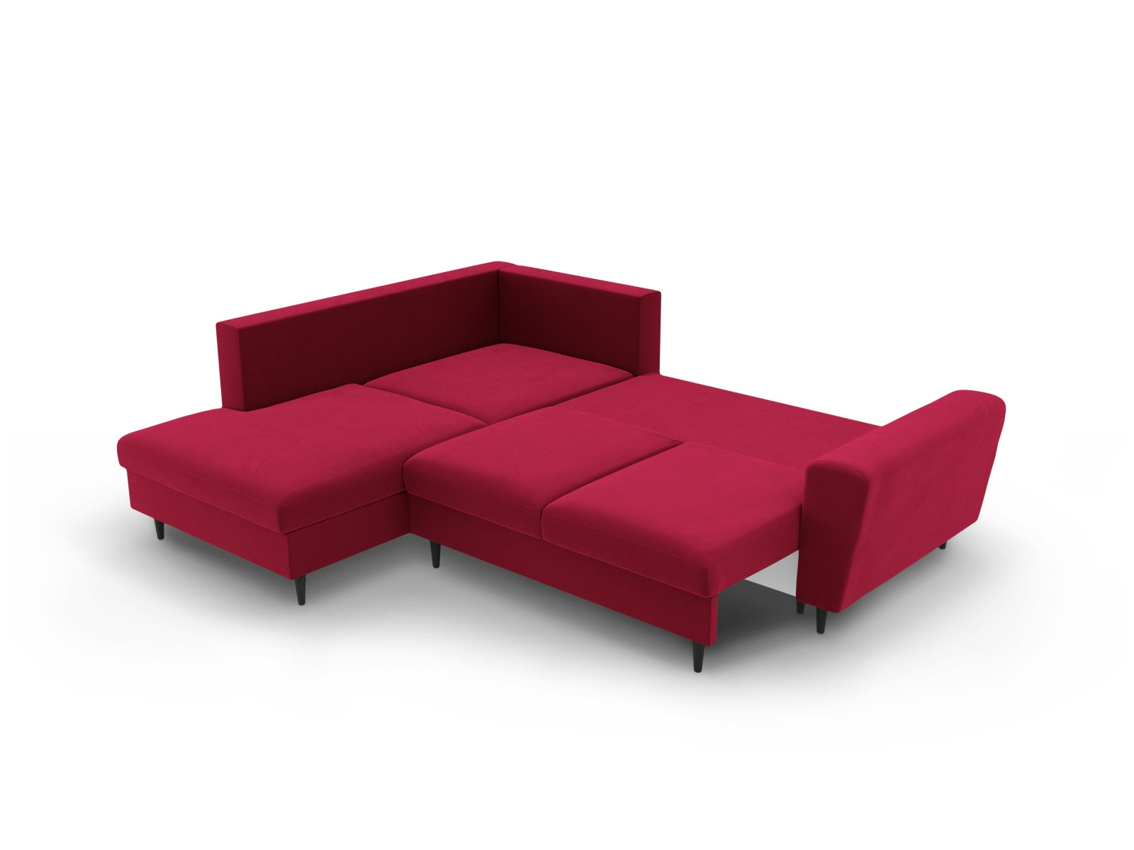 Elegantes Kyoto Velour Ecksofa links in Rot und Schwarz, 5-Sitzer mit Schlaffunktion und Stauraum, perfekt für moderne Wohnräume.