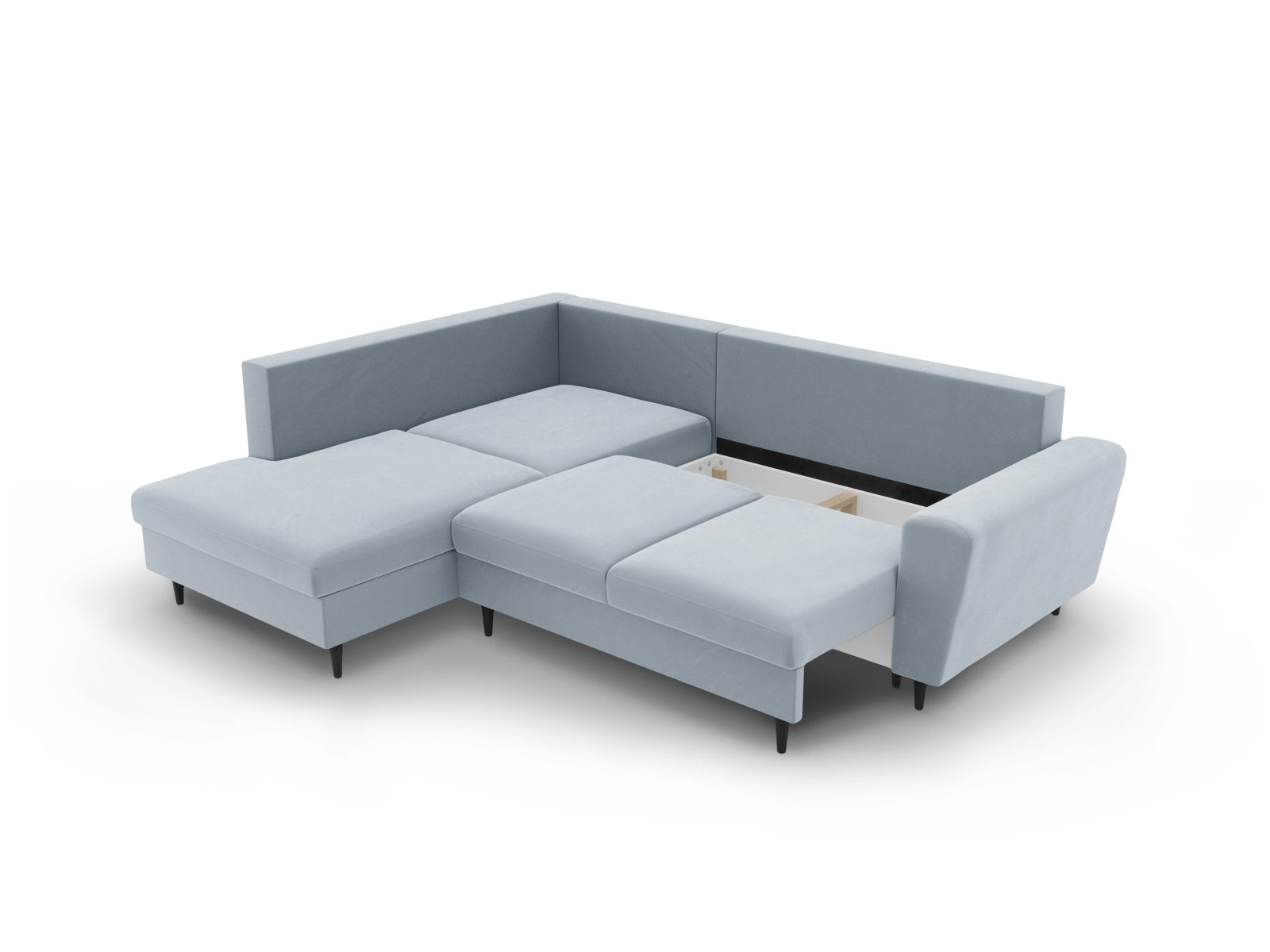 Stylisches Kyoto Velour Ecksofa links in sanftem Hellblau, 5-Sitzer mit Schlaffunktion und Stauraum, ideal für moderne Wohnräume.