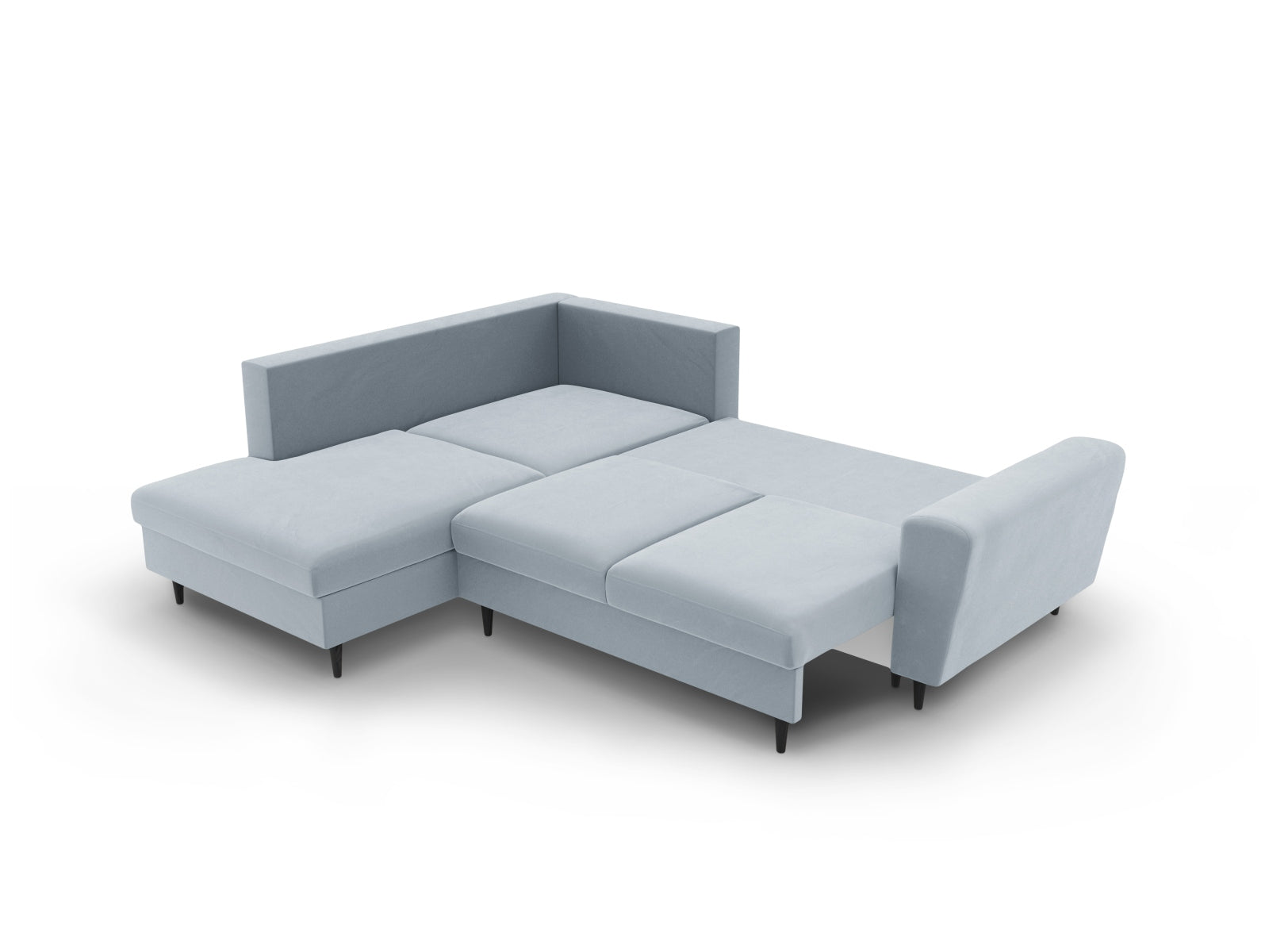 Elegantes Kyoto Velour Ecksofa links in zartem Hellblau, 5-Sitzer mit praktischer Schlaffunktion und Stauraum, perfekt für stilvolle Wohnzimmer.