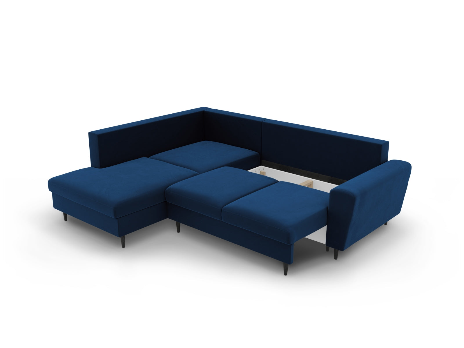 Stylisches Kyoto Velour Ecksofa in Royal Blue, 5-Sitzer mit Schlaffunktion und Stauraum, ideal für entspannte Stunden und Gäste.