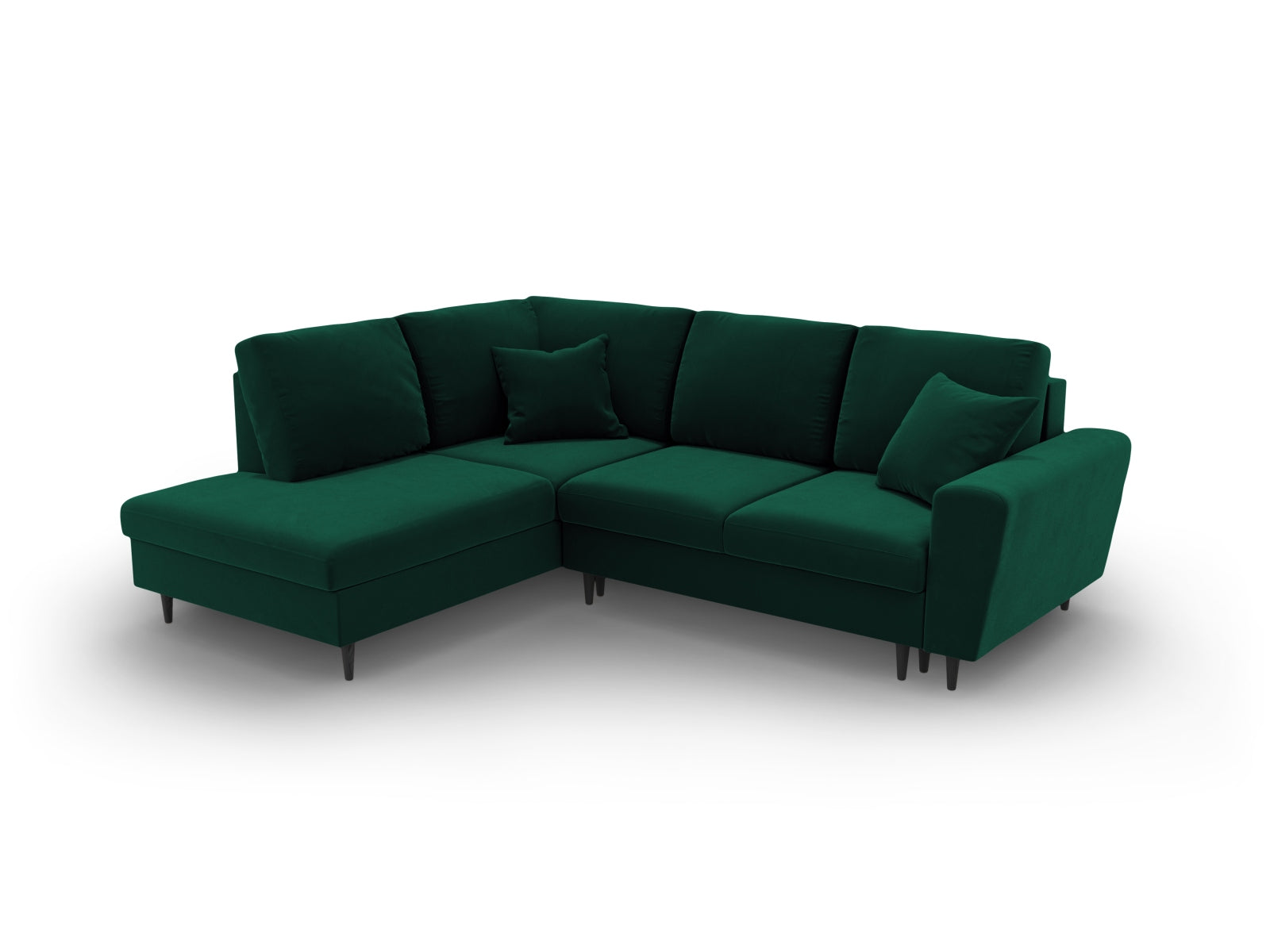 Stylisches Kyoto Velour Ecksofa in Flaschengrün, 5-Sitzer mit Schlaffunktion und praktischer Stauraumbox, perfekt für moderne Wohnzimmer.