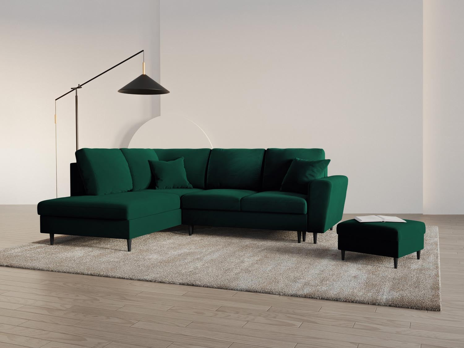 Elegantes Kyoto Velour Ecksofa in Bottle Green mit Schlaffunktion und Stauraum, ideal für stilvolle Wohnräume.