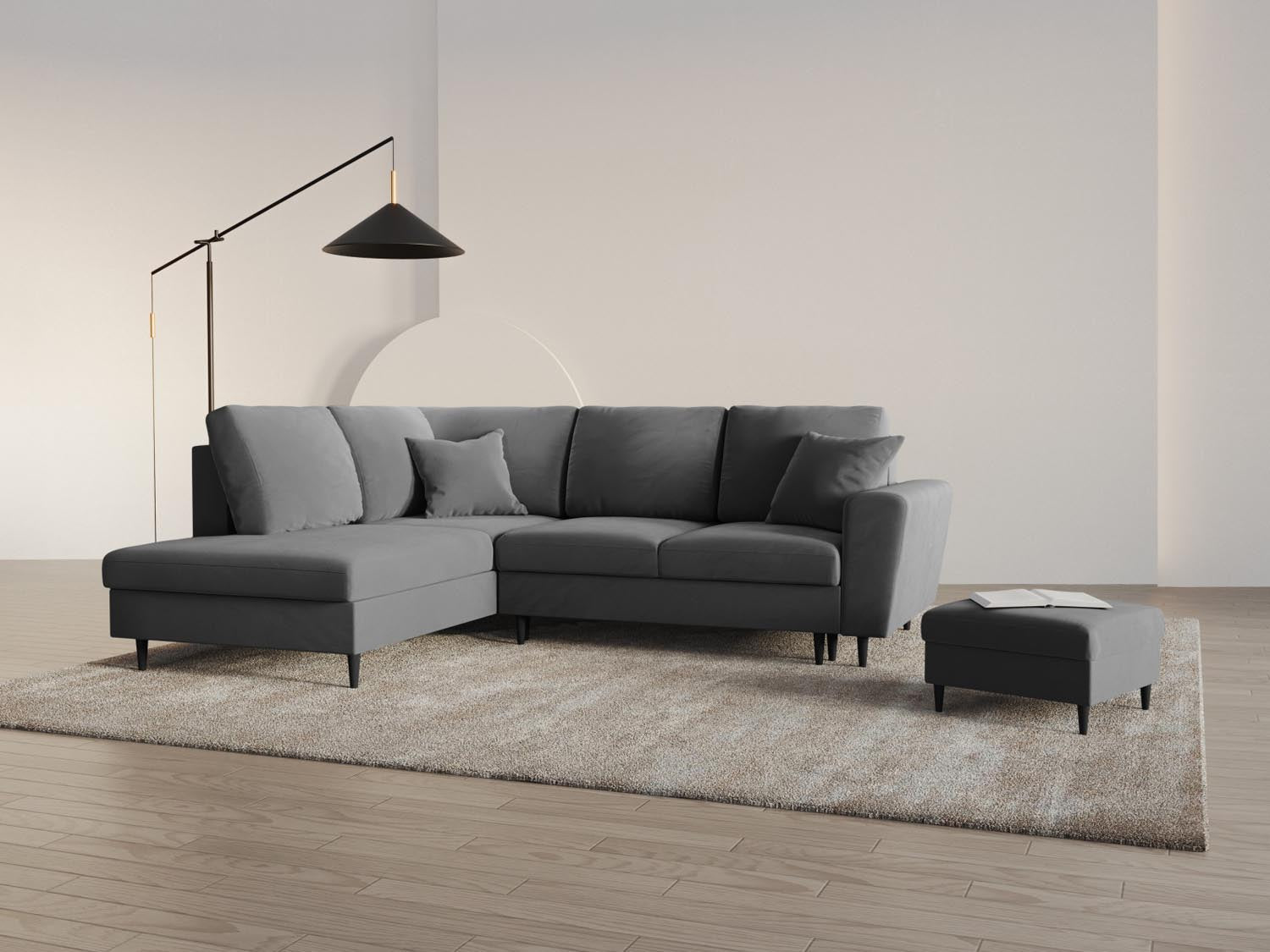 Stylisches Kyoto Velour Ecksofa links in Light Grey/Schwarz, 5-Sitzer mit Schlaffunktion und Stauraum, ideal für moderne Wohnräume.