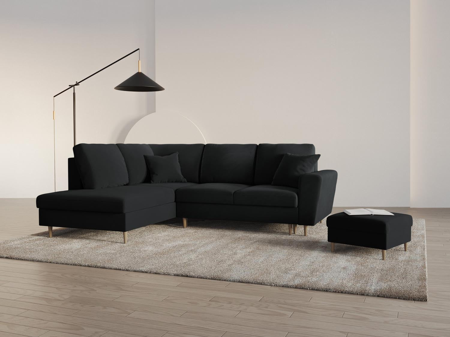 Stylisches Kyoto Velour Ecksofa links in elegantem Schwarz, 5-Sitzer mit Schlaffunktion und praktischer Stauraumbox, ideal für jedes Wohnzimmer.