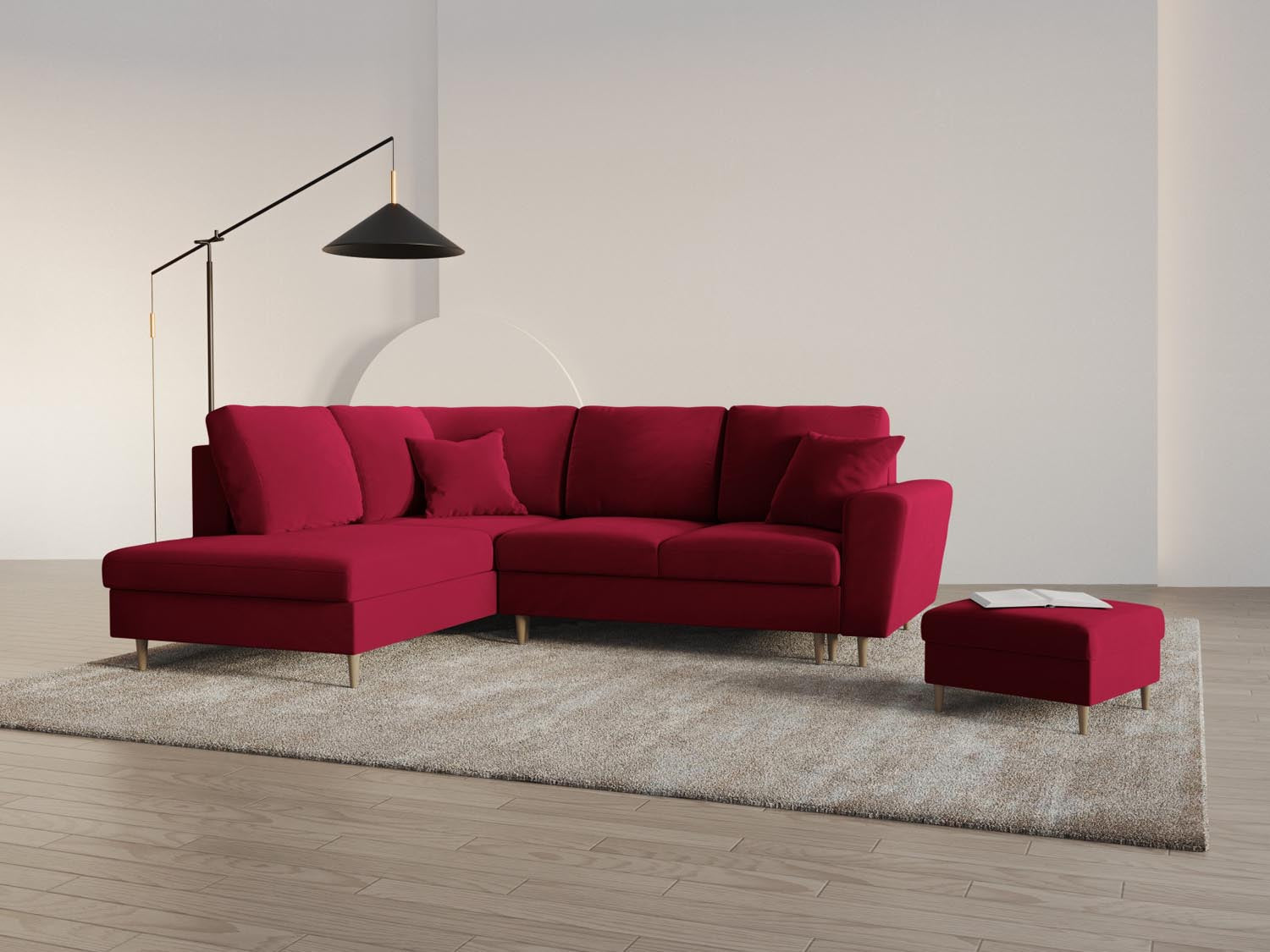 Elegantes Kyoto Velour Ecksofa links in Rot mit Schlaffunktion und Stauraum, ideal für stilvolle Wohnräume und entspannte Nächte.