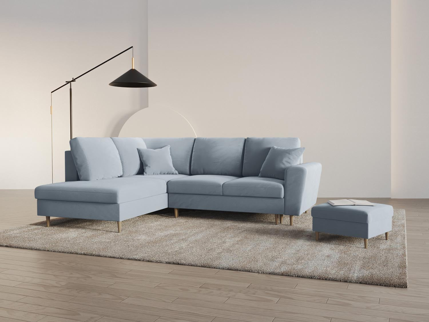 Stylisches Kyoto Velour Ecksofa in Hellblau, 5-Sitzer mit Schlaffunktion und Stauraum, ideal für moderne Wohnräume.