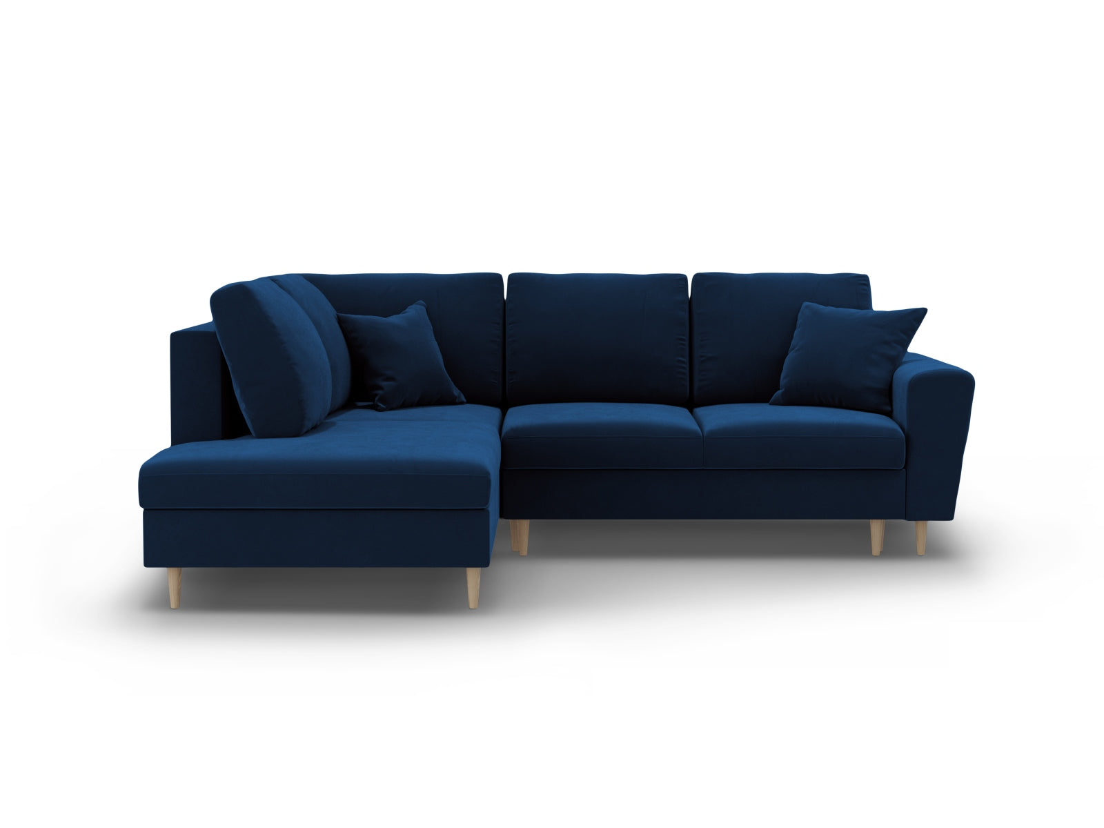 Kyoto Velour Ecksofa links mit Schlaffunktion und Stauraumbox 5 Sitzer 194cm in Royal Blue/Birke-Riviera präsentiert im Onlineshop von KAQTU Design AG. Bettsofa links ist von Cosmopolitan Design