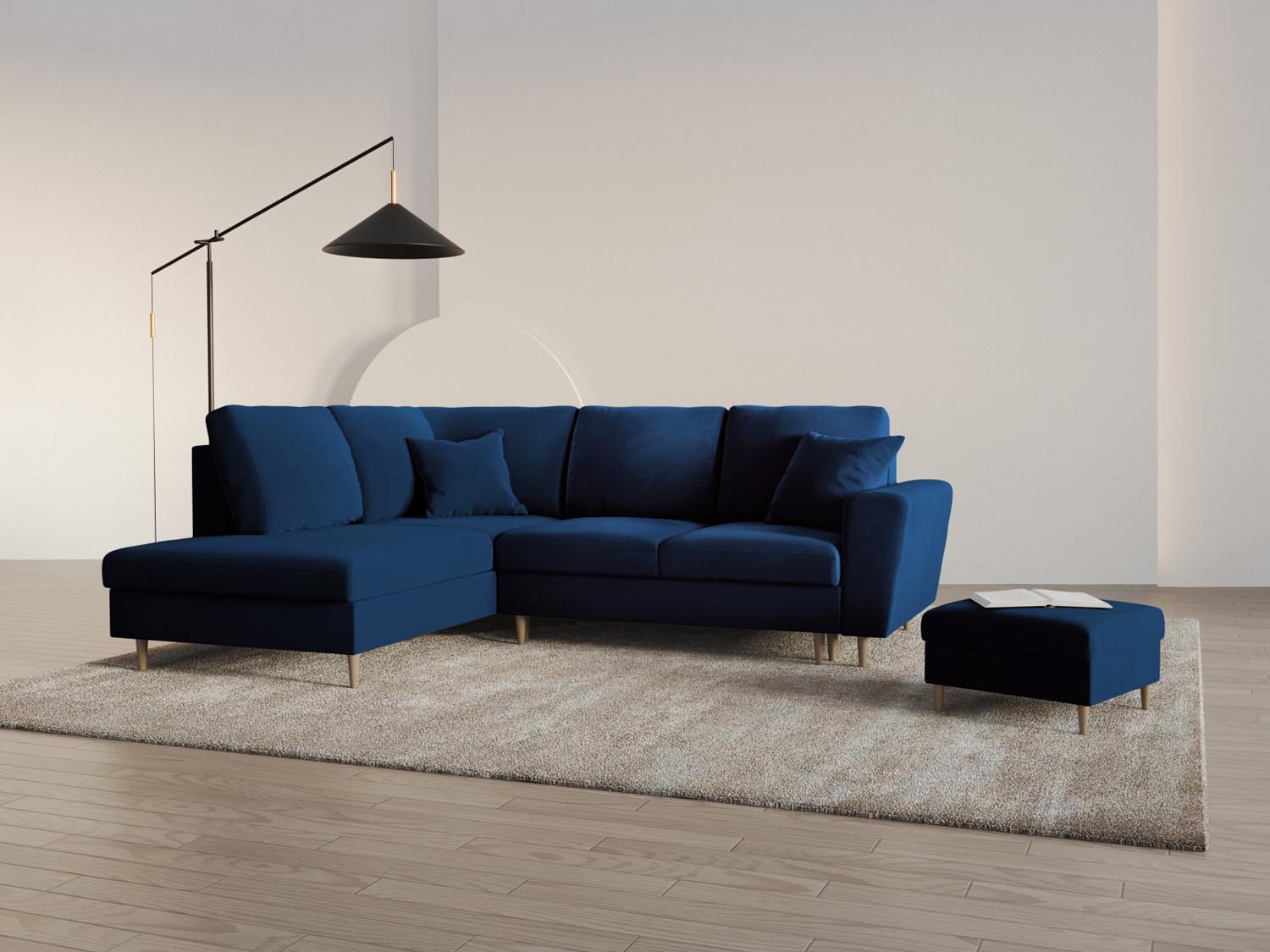 Elegantes Kyoto Velour Ecksofa in Royal Blue, 5-Sitzer mit Schlaffunktion und Stauraum, ideal für stilvolle Wohnräume.