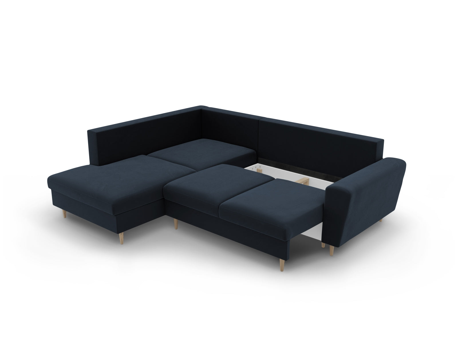 Stylisches Kyoto Velour Ecksofa in Dunkelblau, 5-Sitzer mit Schlaffunktion und Stauraum, ideal für entspannte Stunden und Gäste.
