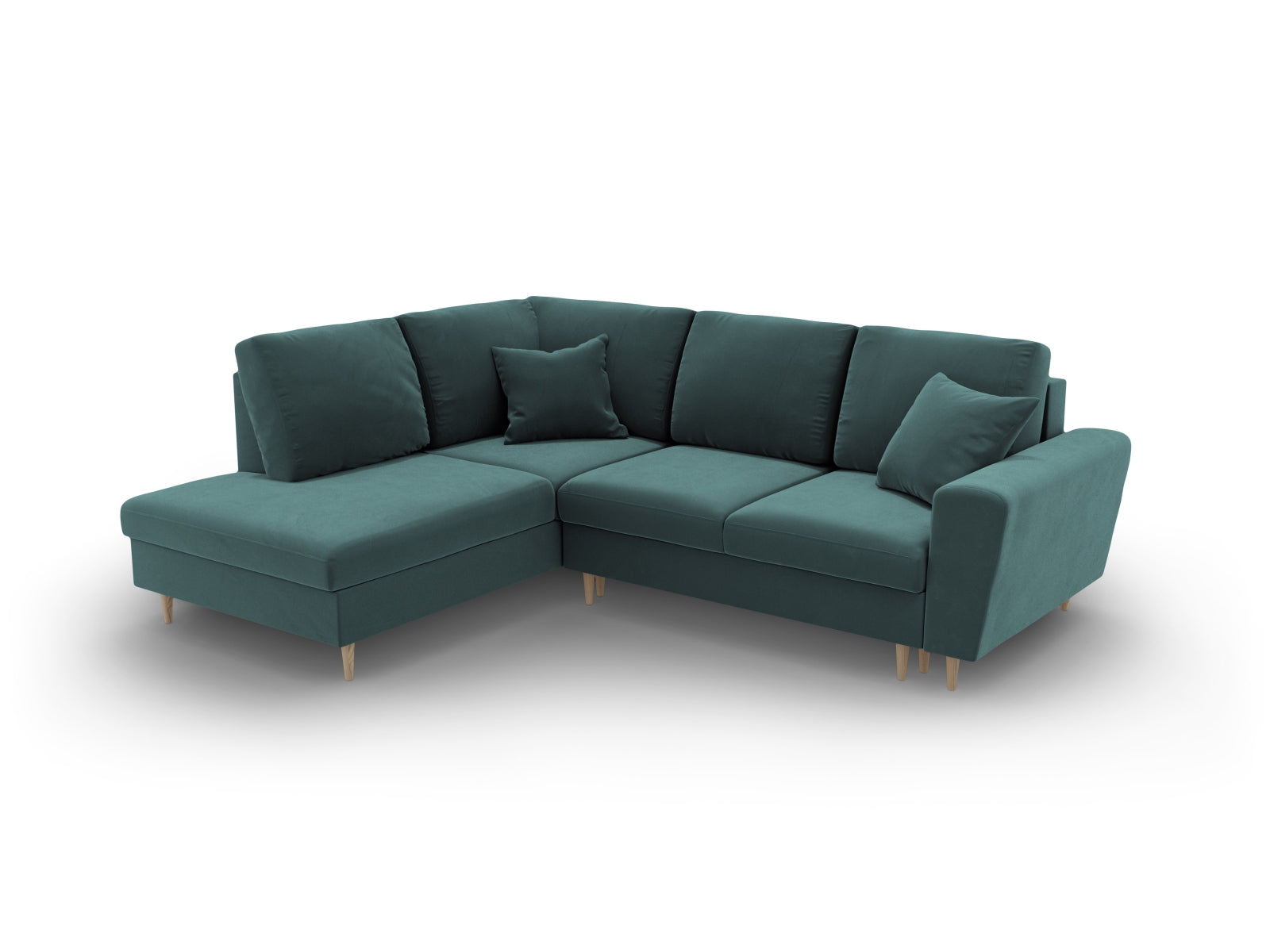 Erleben Sie das Kyoto Velour Ecksofa links: elegantes 5-Sitzer Sofa mit Schlaffunktion und Stauraum, ideal für modernes Wohnen!