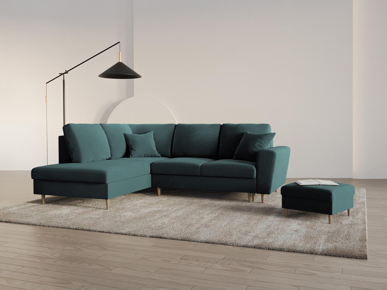 Stylisches Kyoto Velour Ecksofa links in Petrol mit Schlaffunktion und Stauraum, ideal für moderne Wohnräume und gemütliche Nächte.